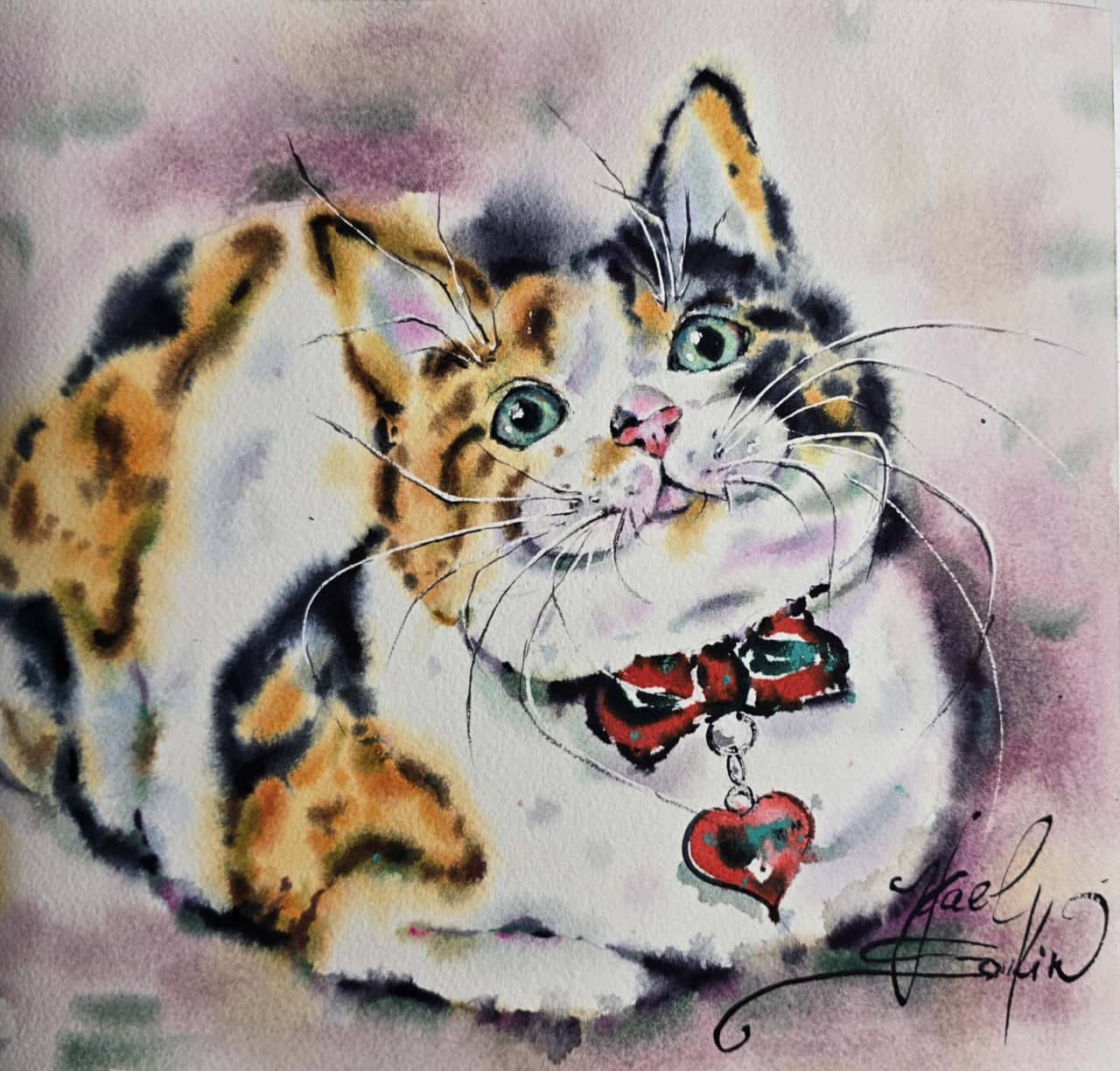 Cat Watercolor Painting, Original Calico Cat Portrait Wall Art with Red Bow