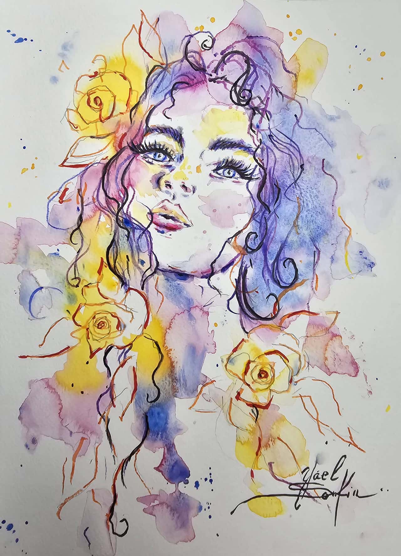 Female Portrait with Flowers - Original Watercolor Painting