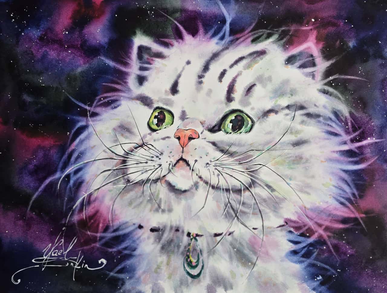 White Cat Watercolor Painting with Galaxy Background - Original Cosmic Wall Art