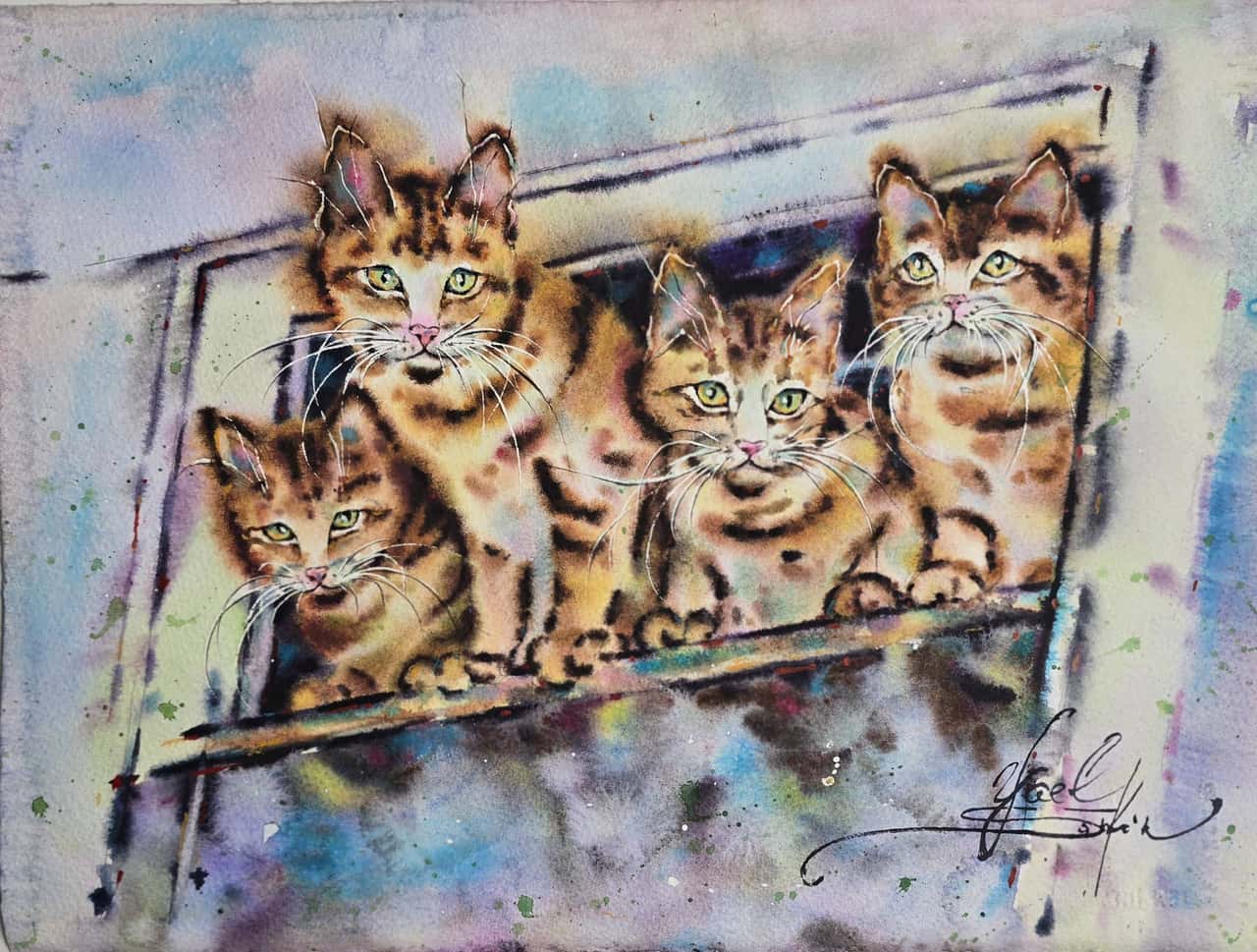 Four Orange Kittens Watercolor Painting, Original Cat Wall Art
