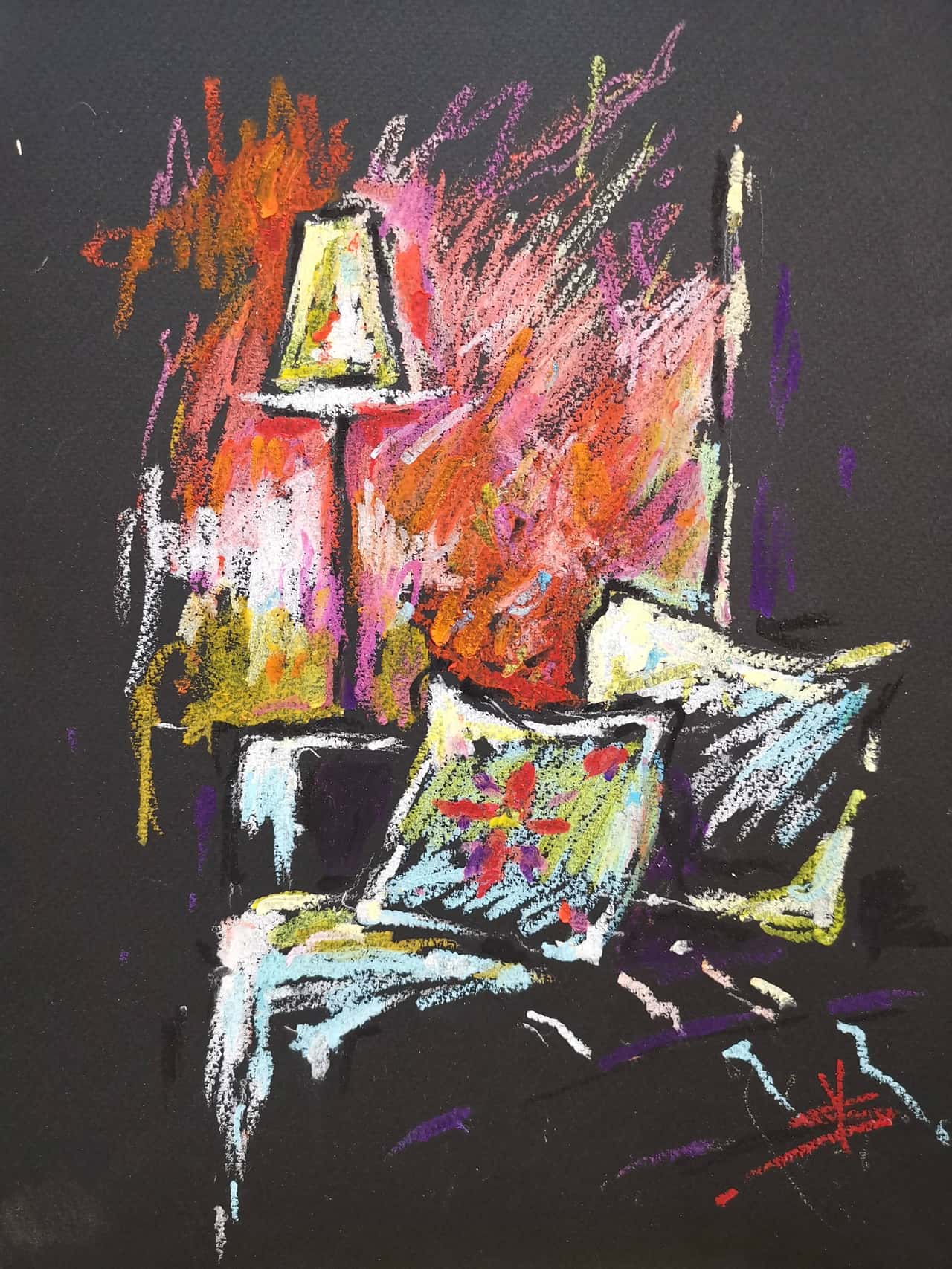 Interior Scene Artwork Original Oil Pastel Interior Painting Fashion Art 