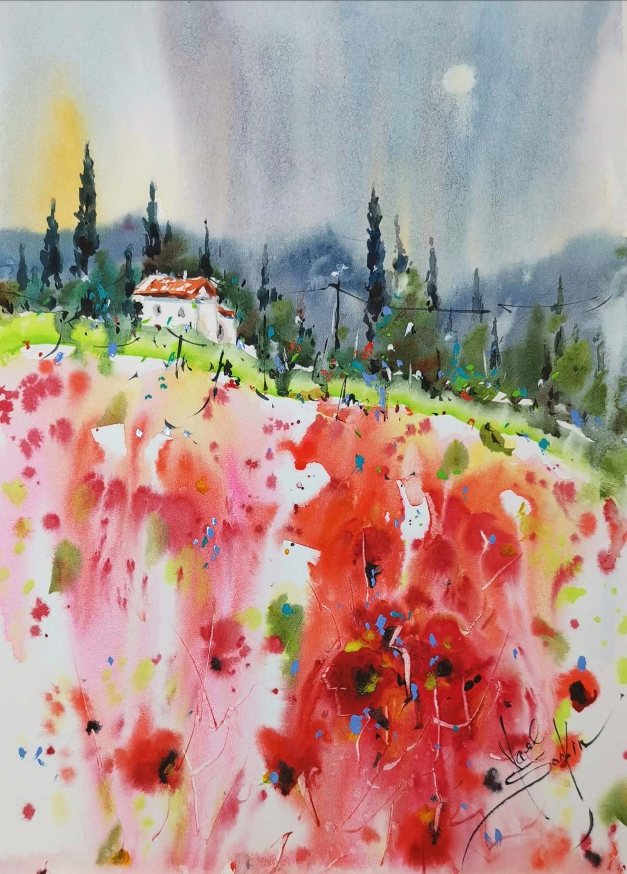 Tuscany Painting Original Watercolor Poppy Field Artwork