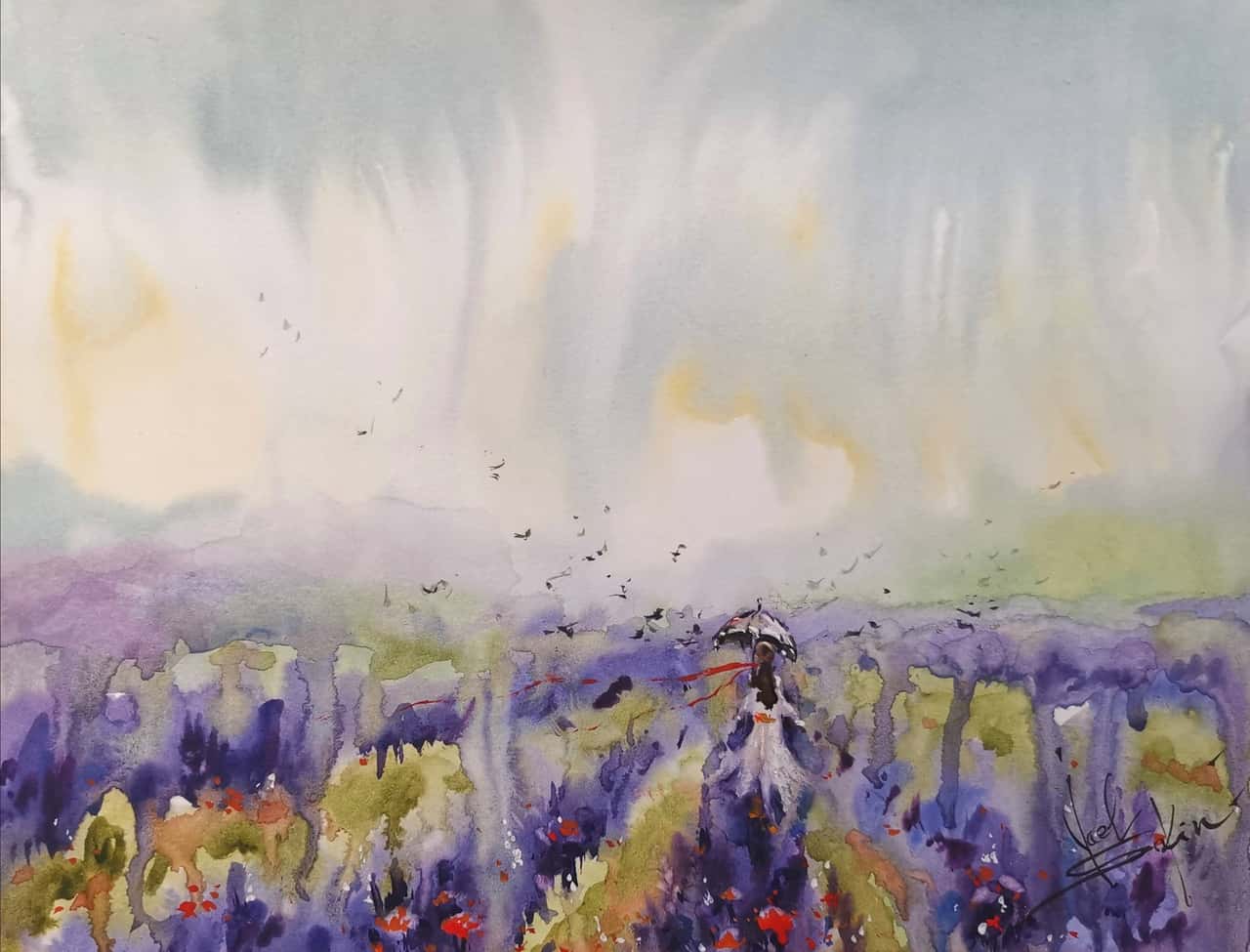 Lavender Painting Original Watercolor Tuscany Landscape 