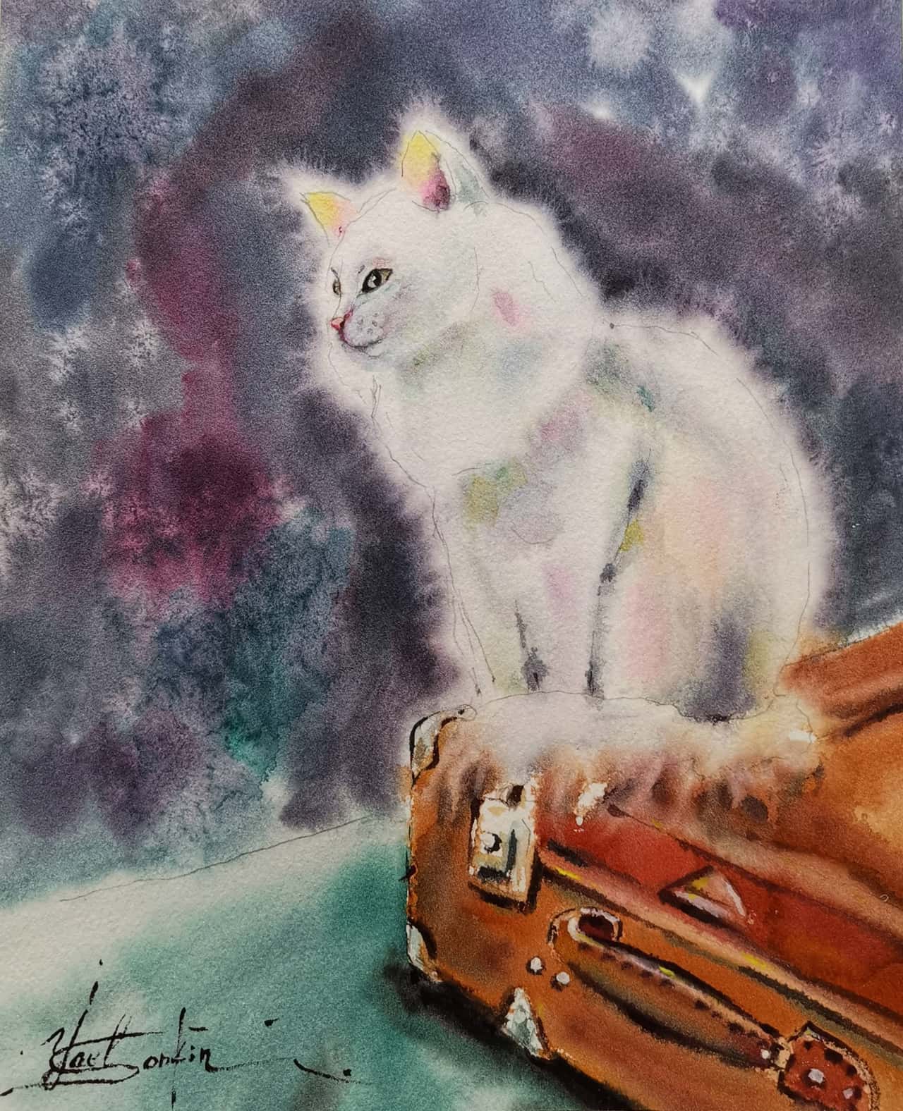 White Cat Painting Original Watercolor