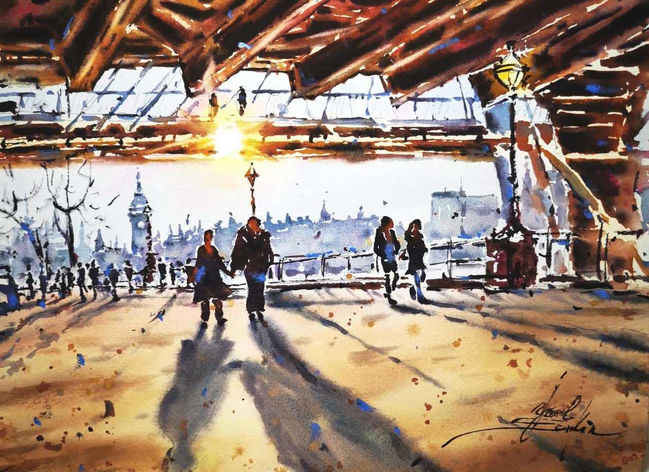 Original London Watercolor Painting - Sunset Cityscape Wall Art