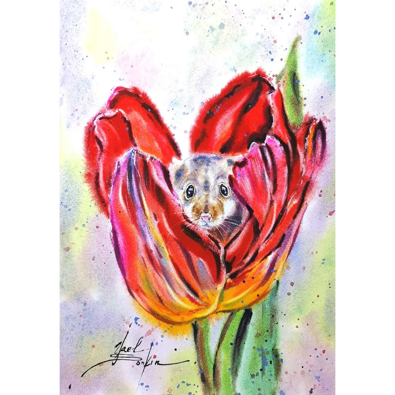 Mouse Painting Original Watercolor Tulip Flower Artwork 