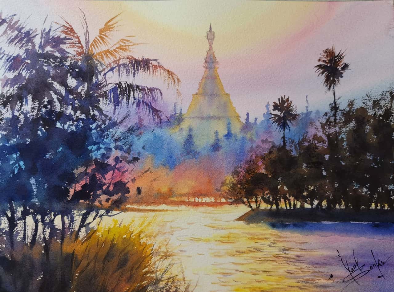 Myanmar Painting Original Watercolor Temple Artwork Asia Landscape 