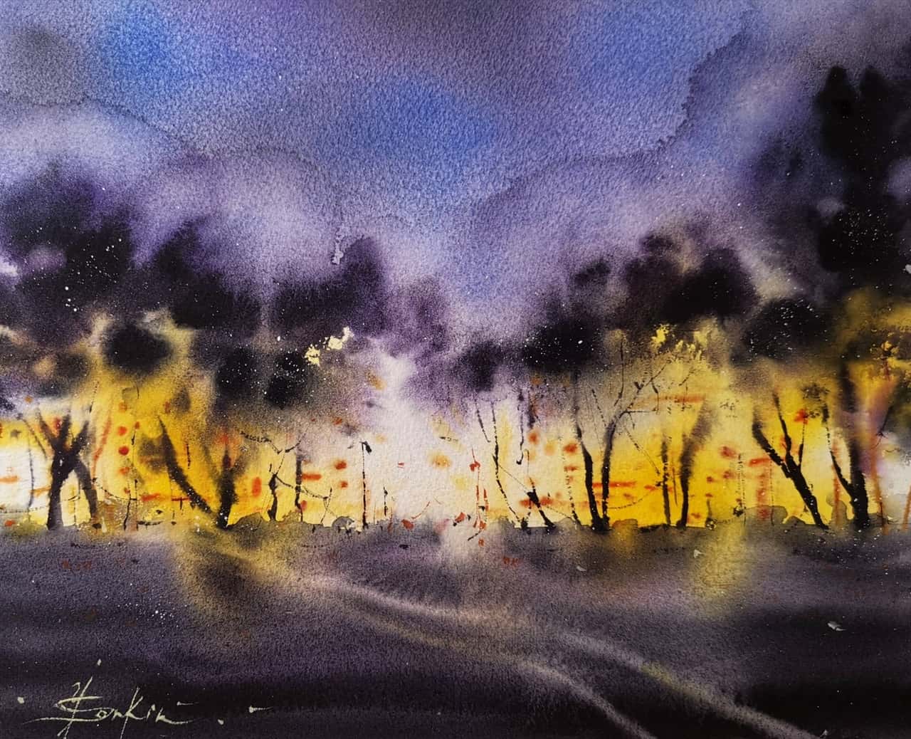 Night City Artwork Original Watercolor 