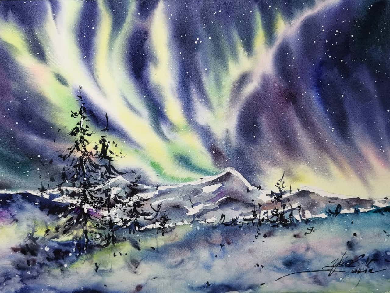 Norway painting Northern lights painting Original watercolor painting 