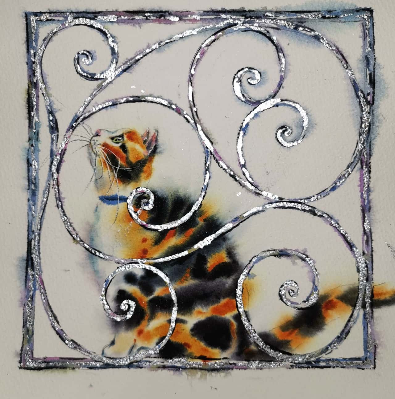 Original Watercolor Calico Cat Painting  - Pet Portrait Wall Art Decor