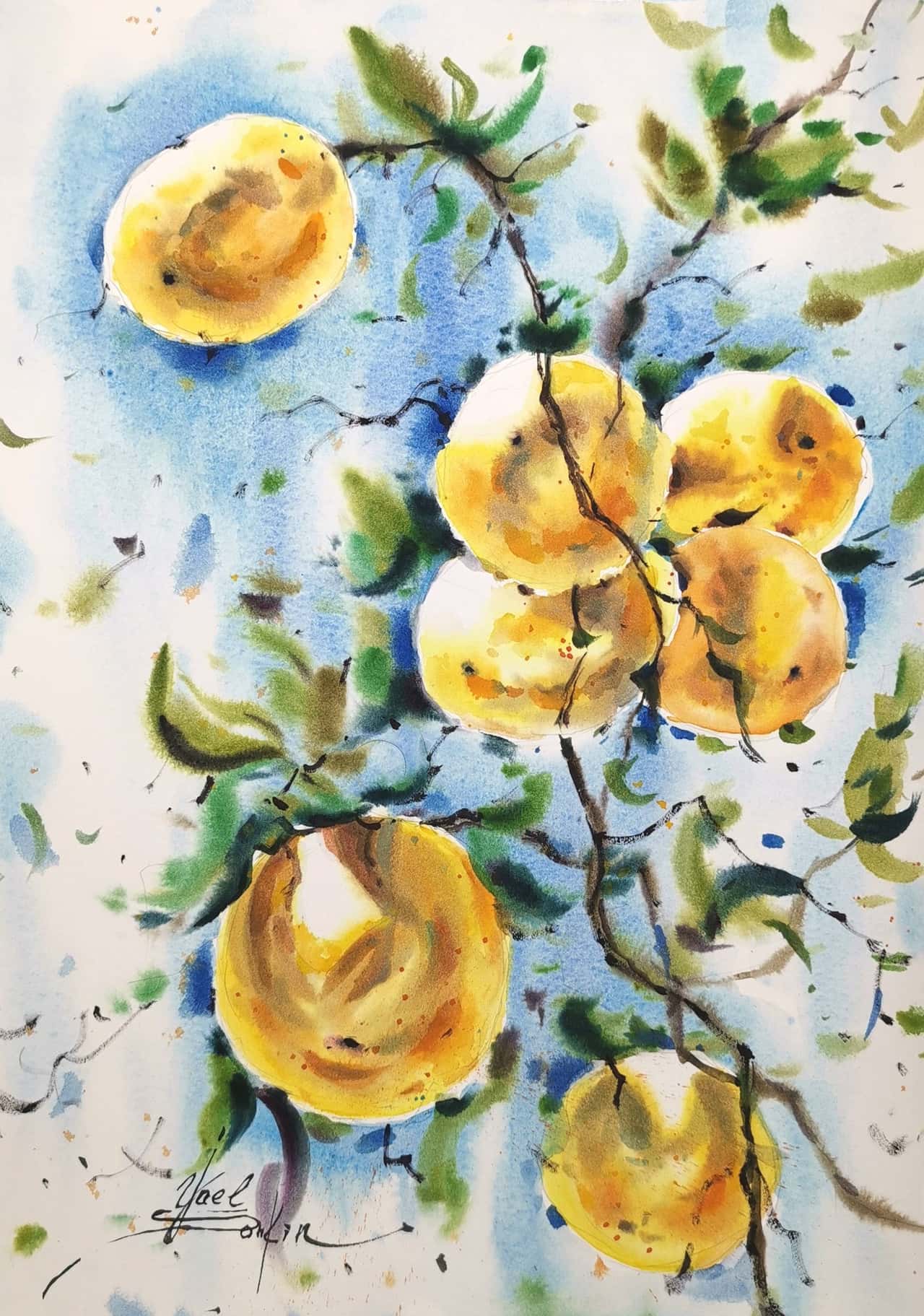 Original Watercolor Orange Tree Branch Painting - Fruit Wall Art