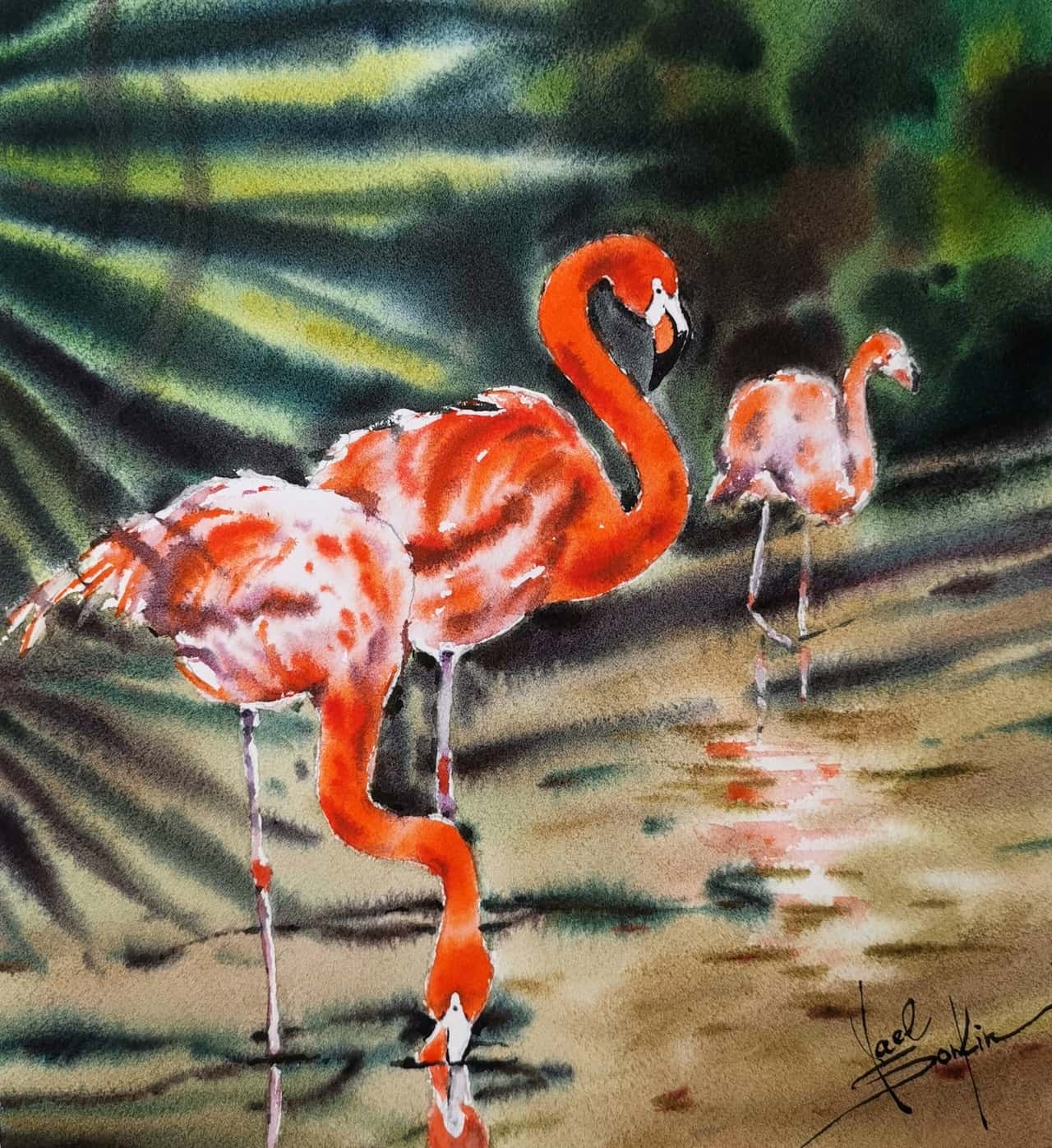 Flamingo Pair Art Original Watercolor Bird Painting