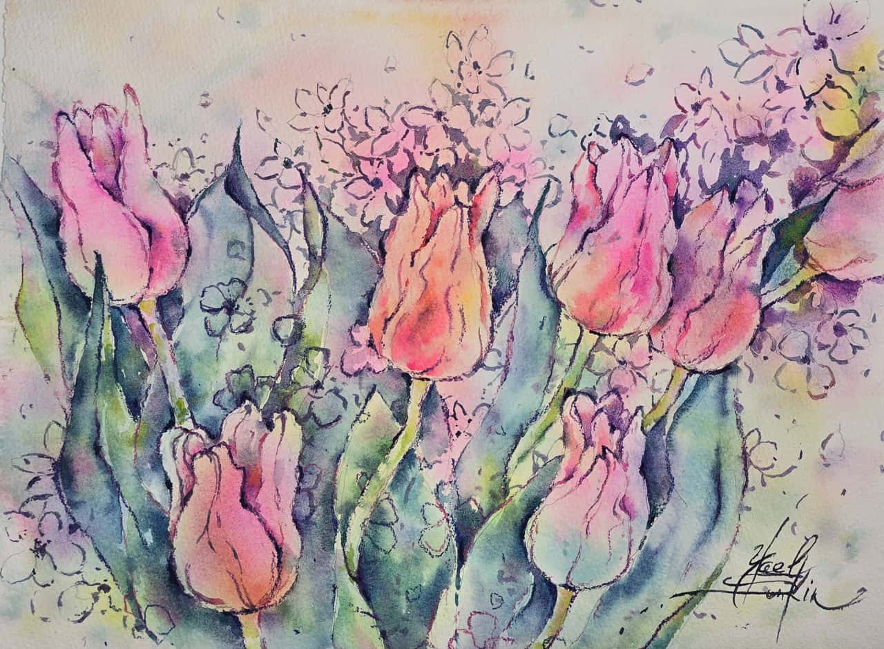 Pink Tulips Painting Original Watercolor Painting