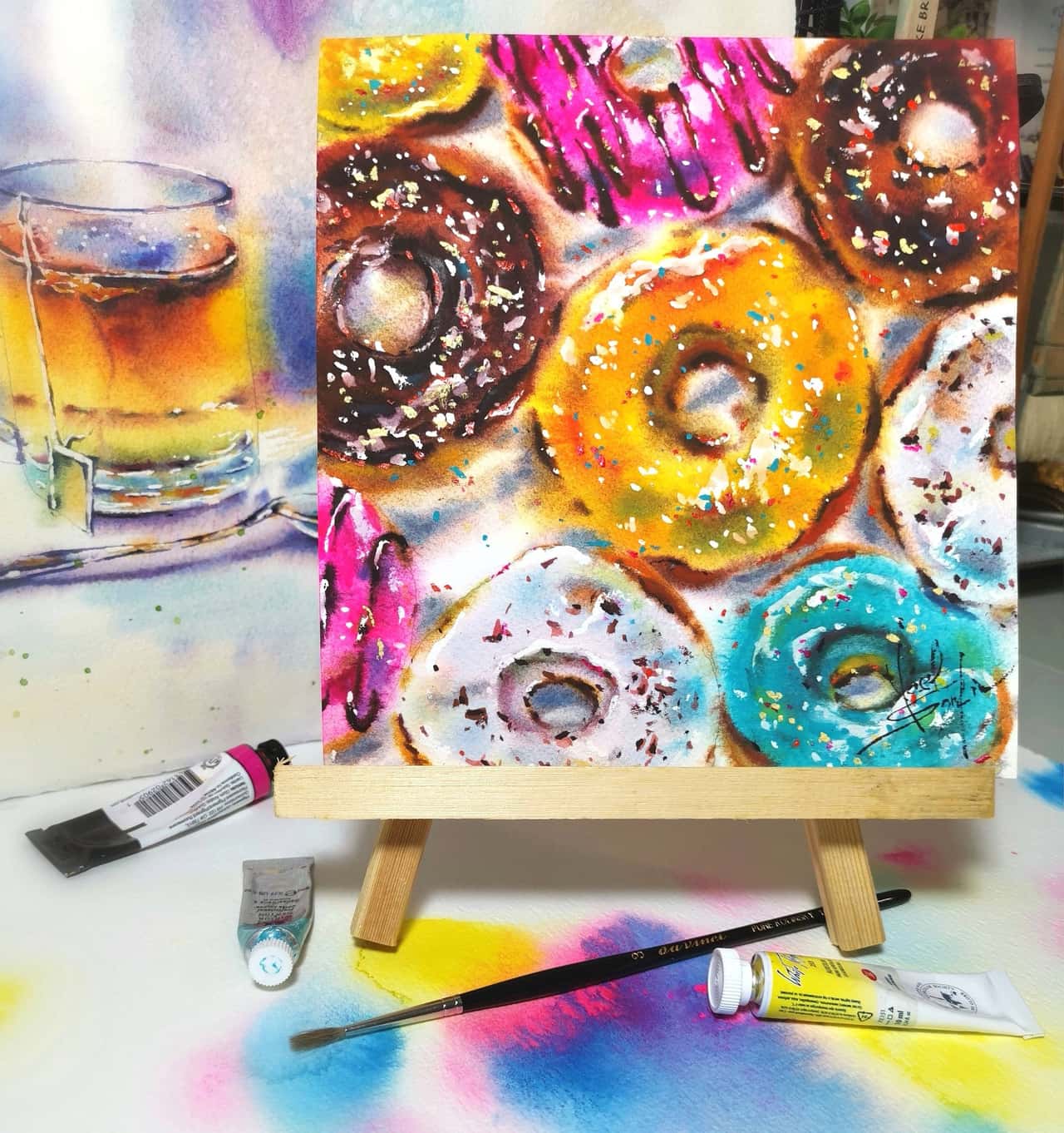 Original watercolor painting Donuts painting Food painting