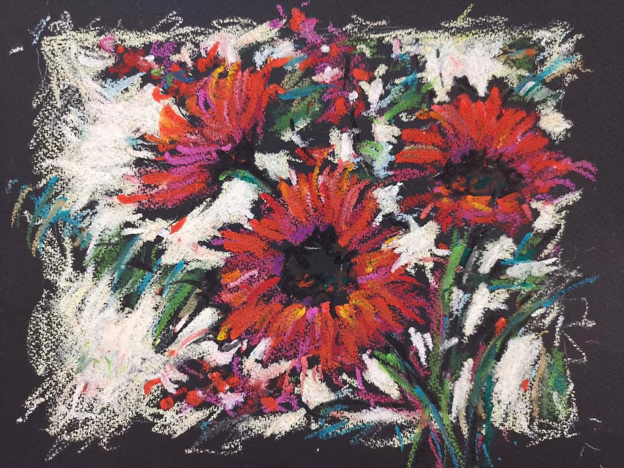 Red Gerbera Blooms - Original Oil Pastel Floral Painting