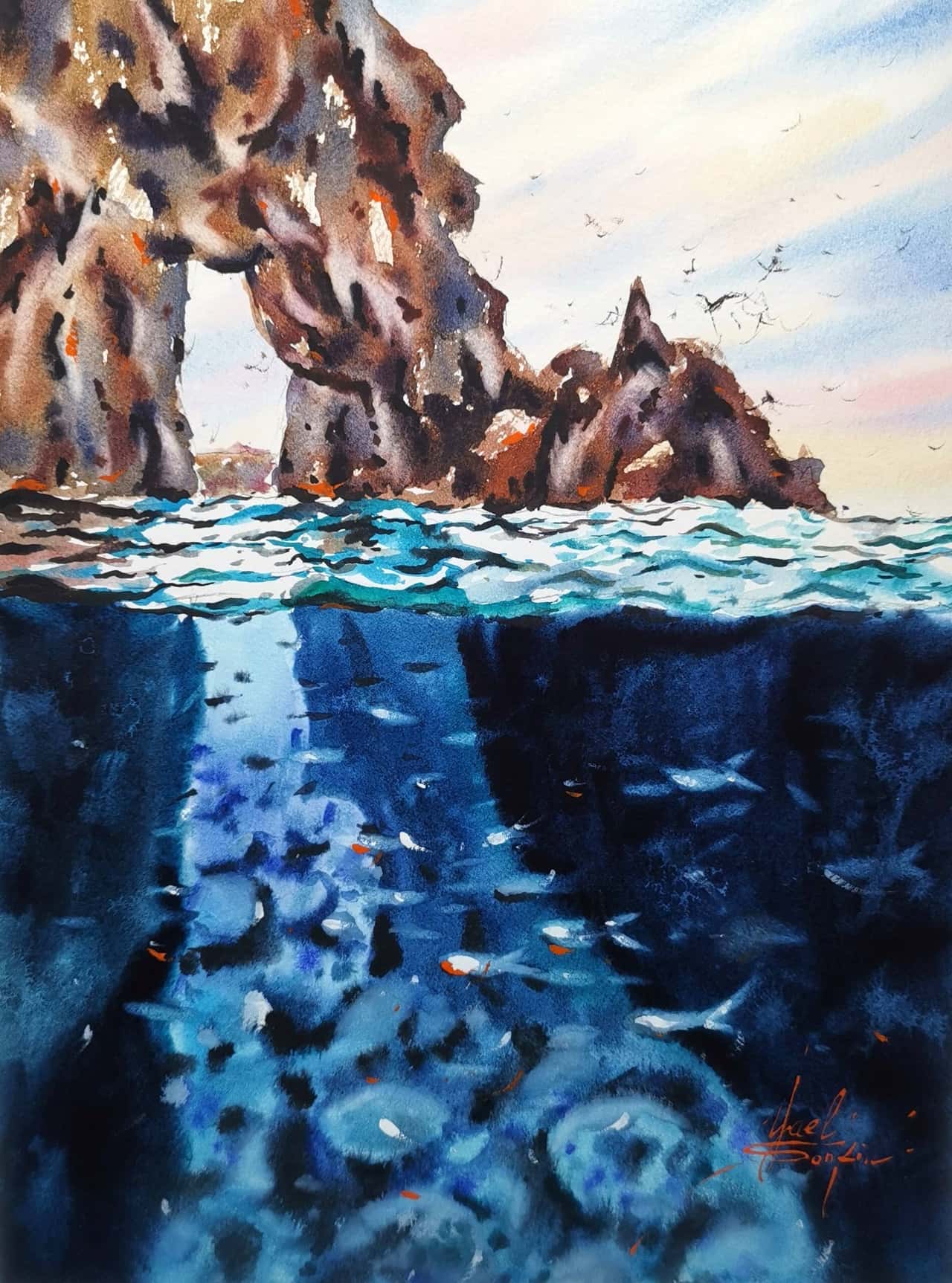 Original watercolor painting Sea rocks painting Seascape painting