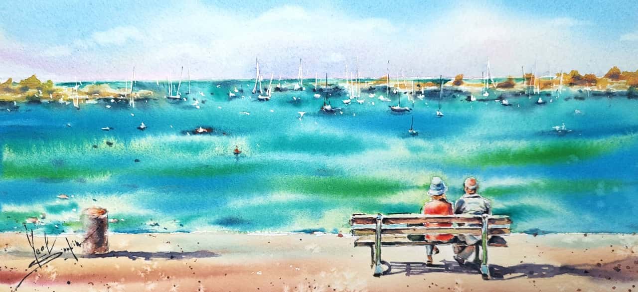 Romantic Couple Artwork Original Watercolor Seaside Art 