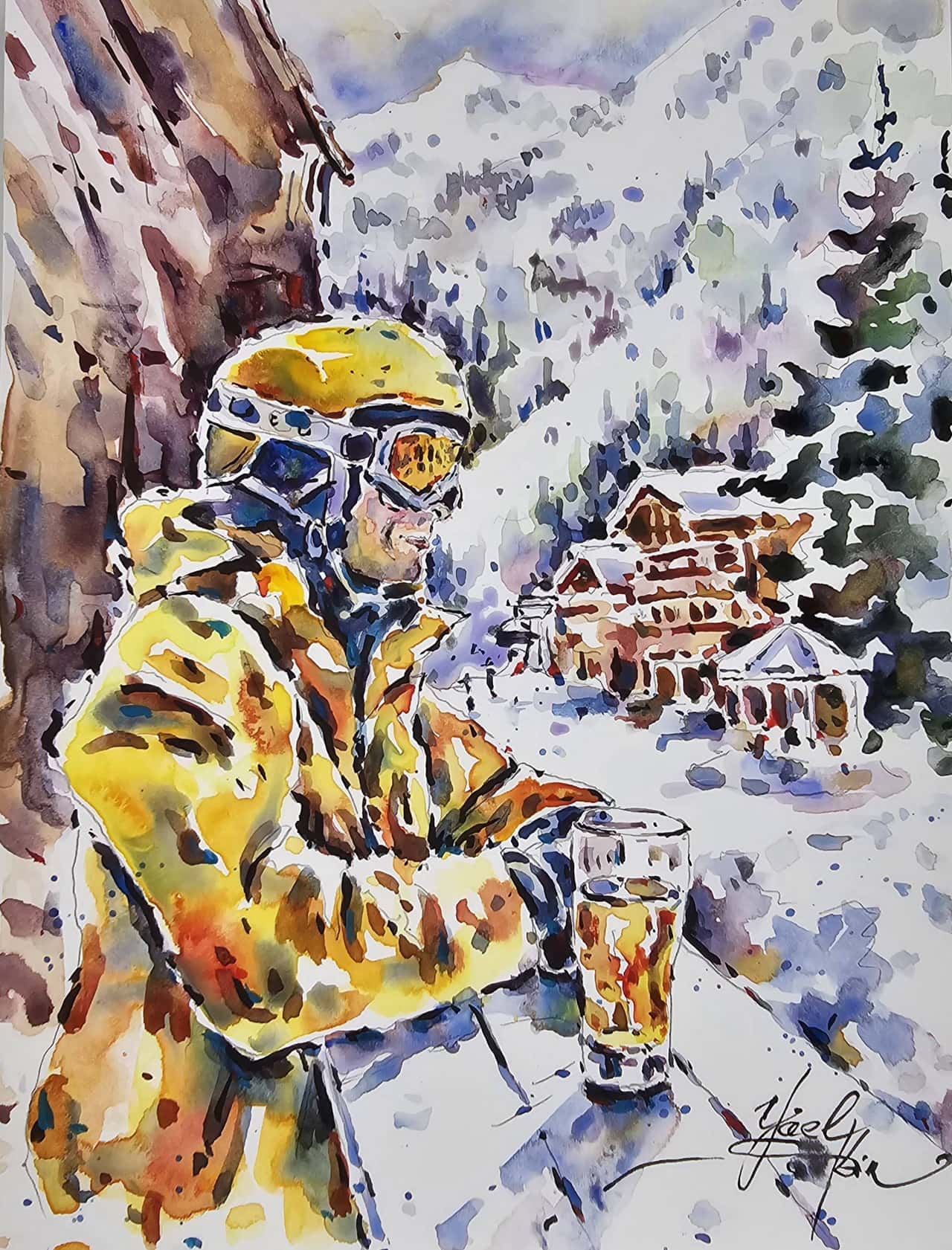 Winter landcsape painting Original watercolor artwork