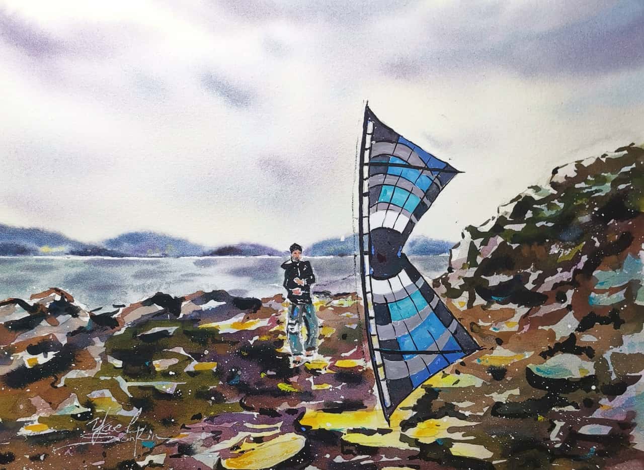 Kite Painting Original Watercolor Sky Kite Artwork Flying Kite Art