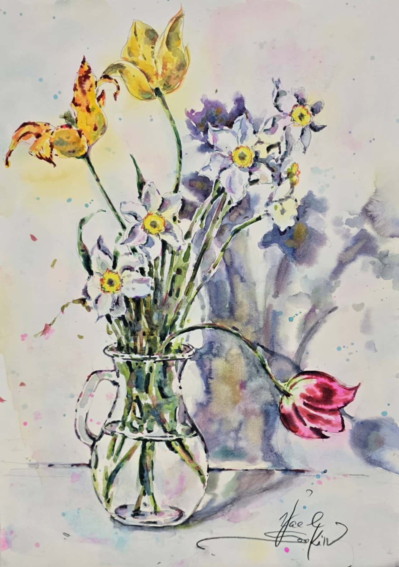 Original Watercolor Narcissus and Tulips in Glass Vase - Floral Wall Art