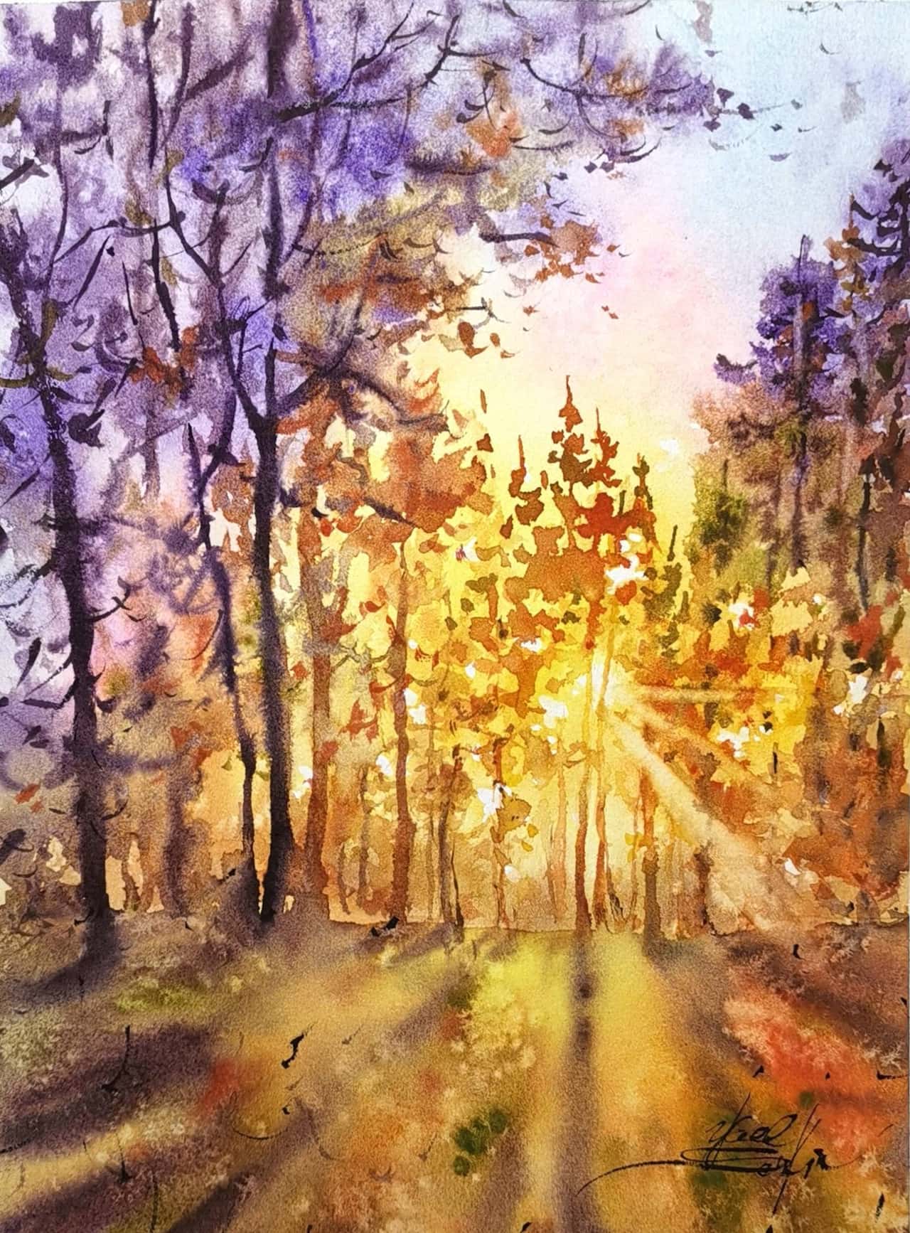 Original watercolor painting Sunset painting Landscape artwork