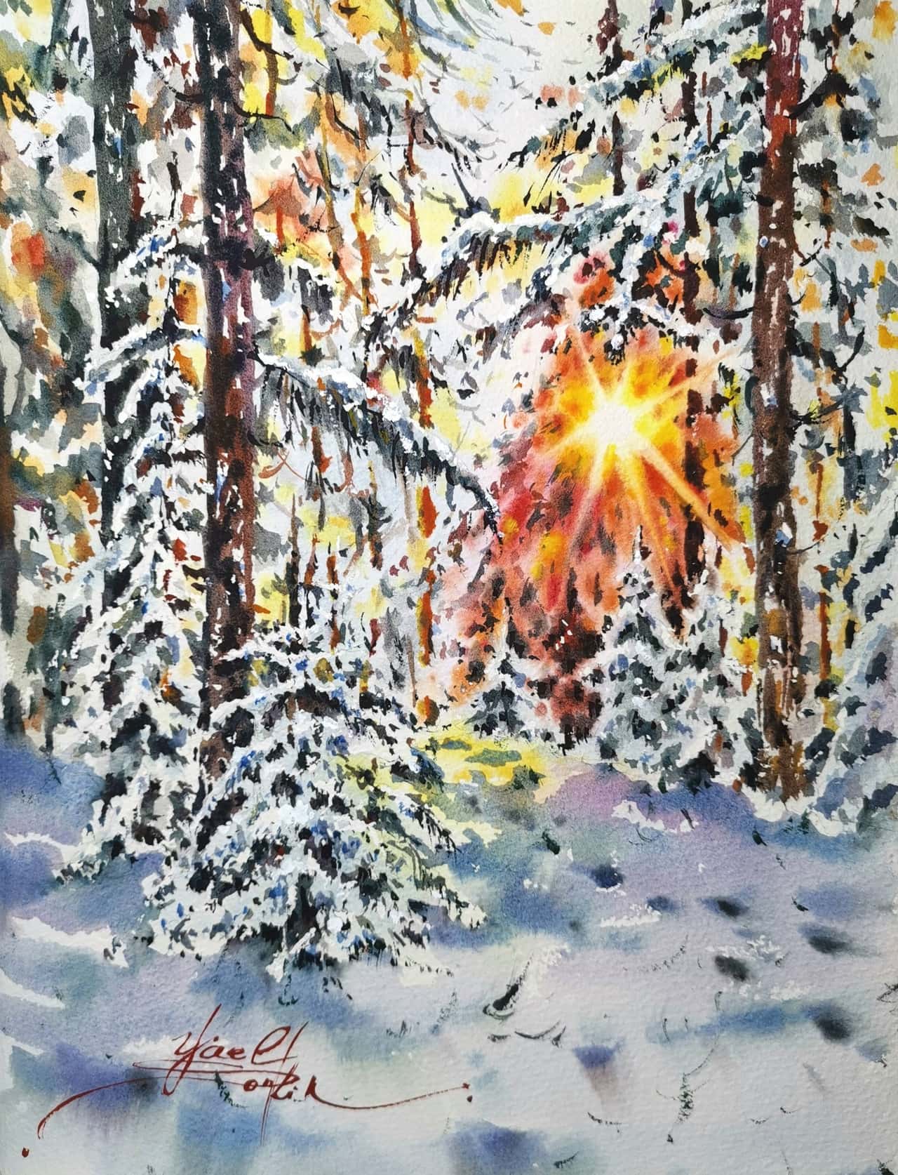 Winter landscape painting Original watercolor artwork