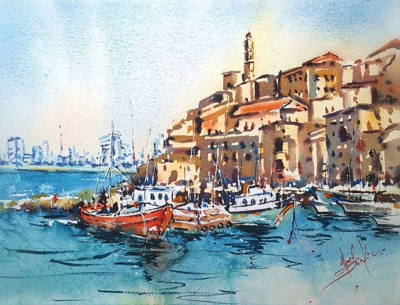 Tel Aviv Jaffa Artwork Original Watercolor Israel Architecture