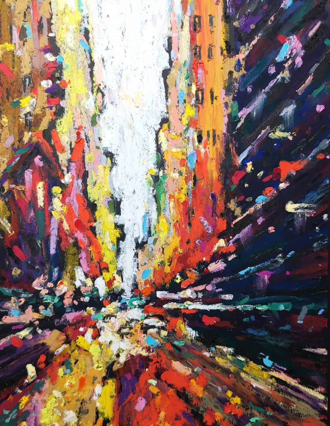 The Big Apple Lights - Original Oil Pastel Abstract New York City Painting