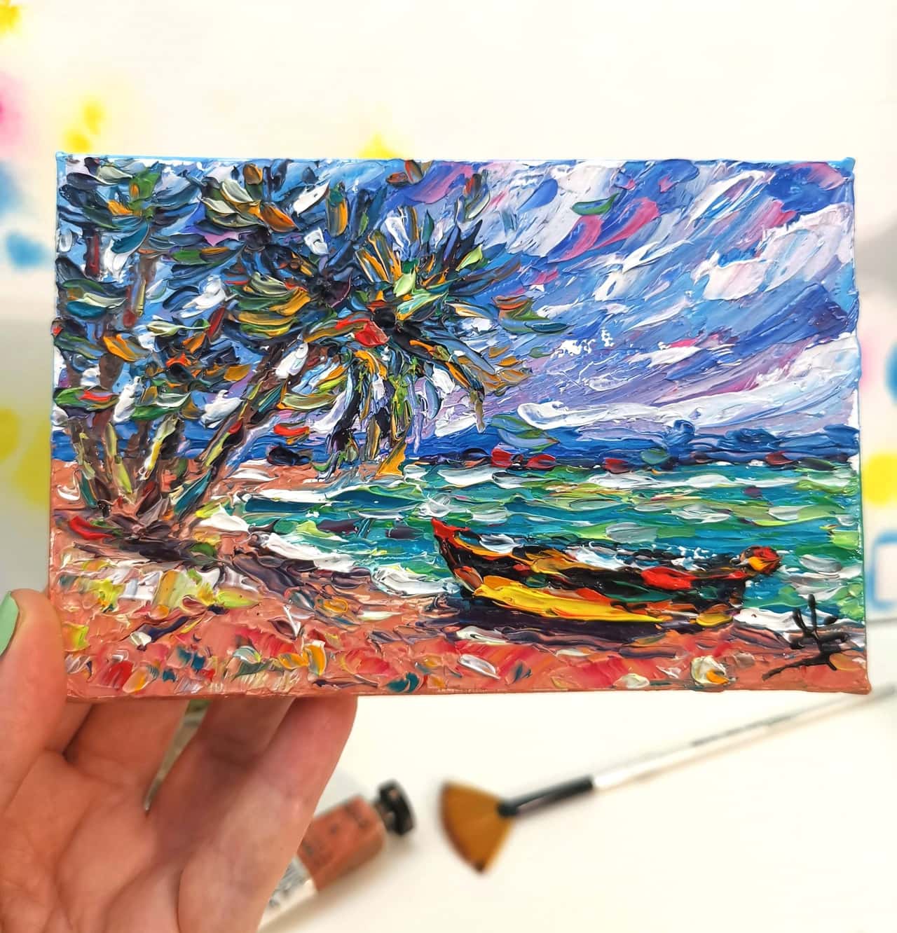 Tropical Beach Artwork Original Impasto Oil Painting 