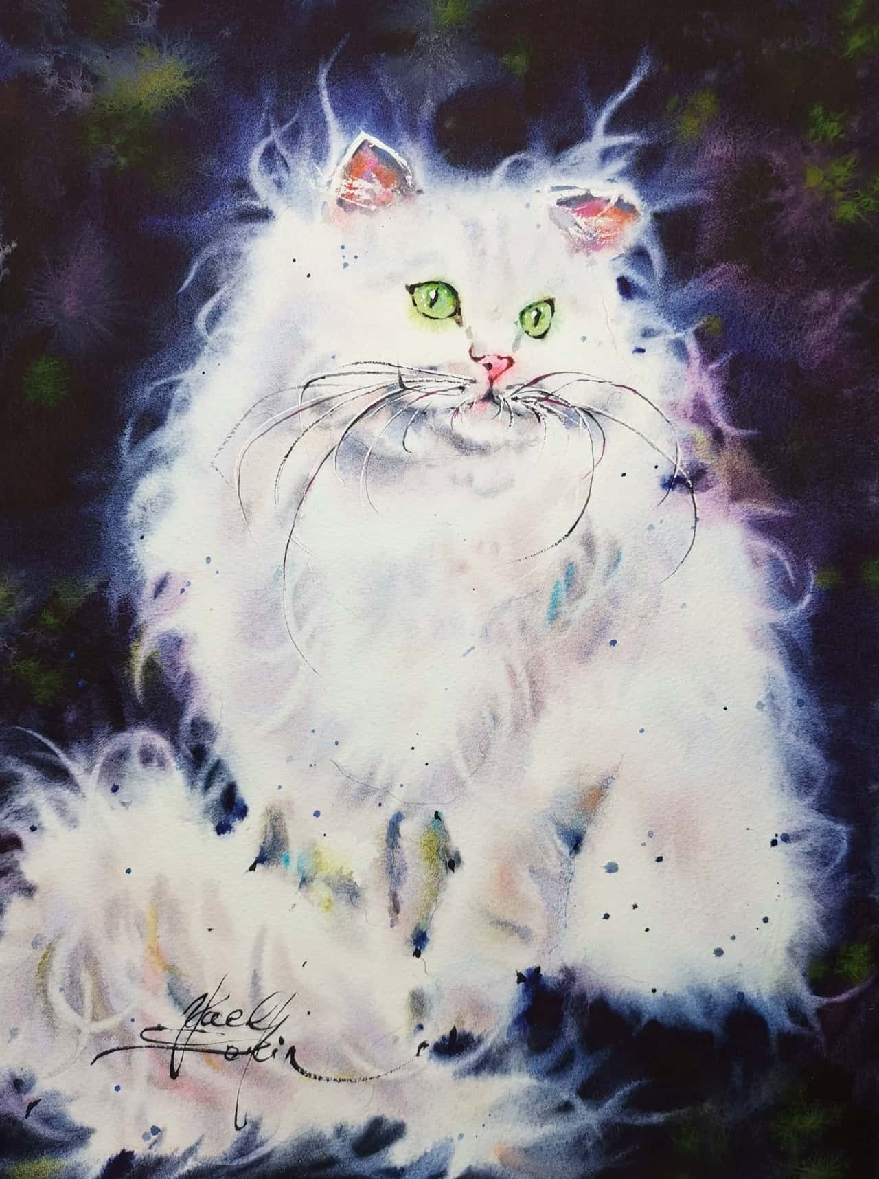 White fluffy cat artwork Original watercolor painting
