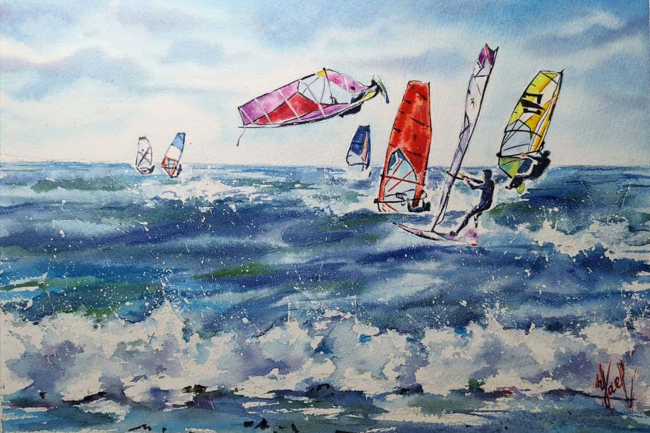 Windsurfing Painting Original Watercolor Ocean Wave Artwork 