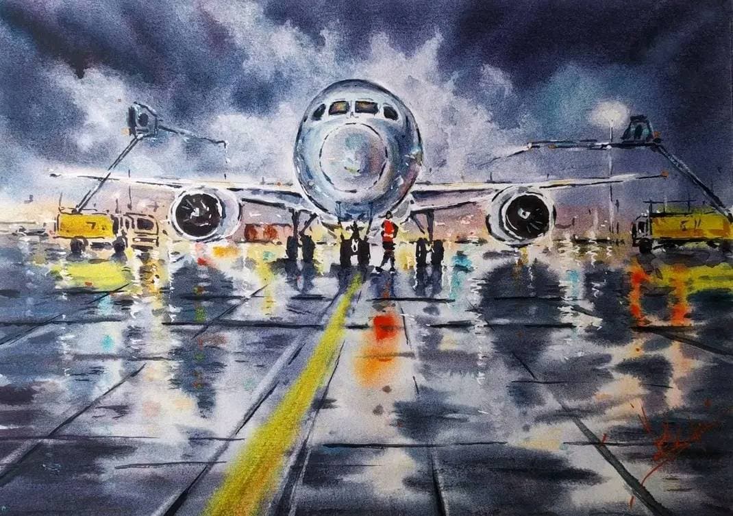 Aircraft Painting Original Watercolor Boeing Airplane Art  — image 1