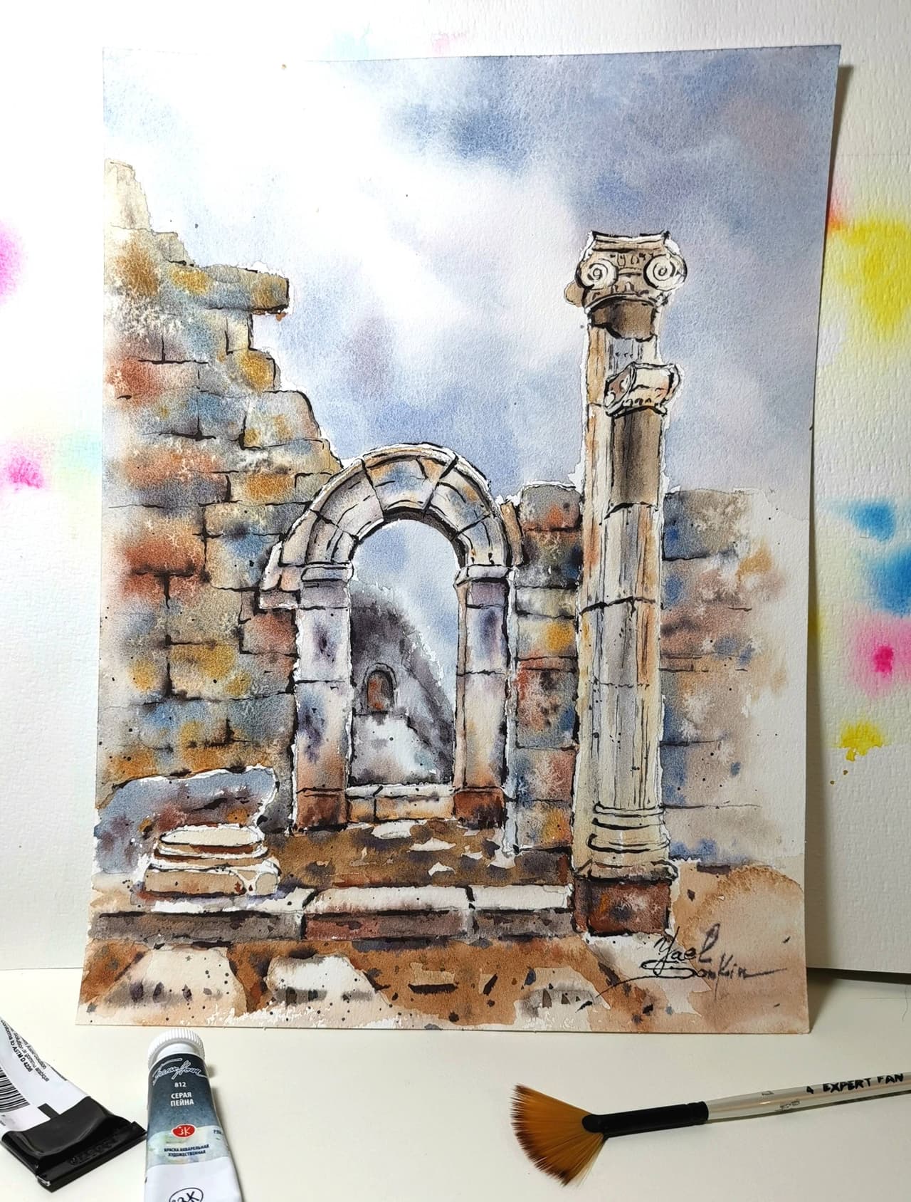 Original Watercolor Ancient Greek Architecture Painting - Historical Landscape Wall Art — image 1
