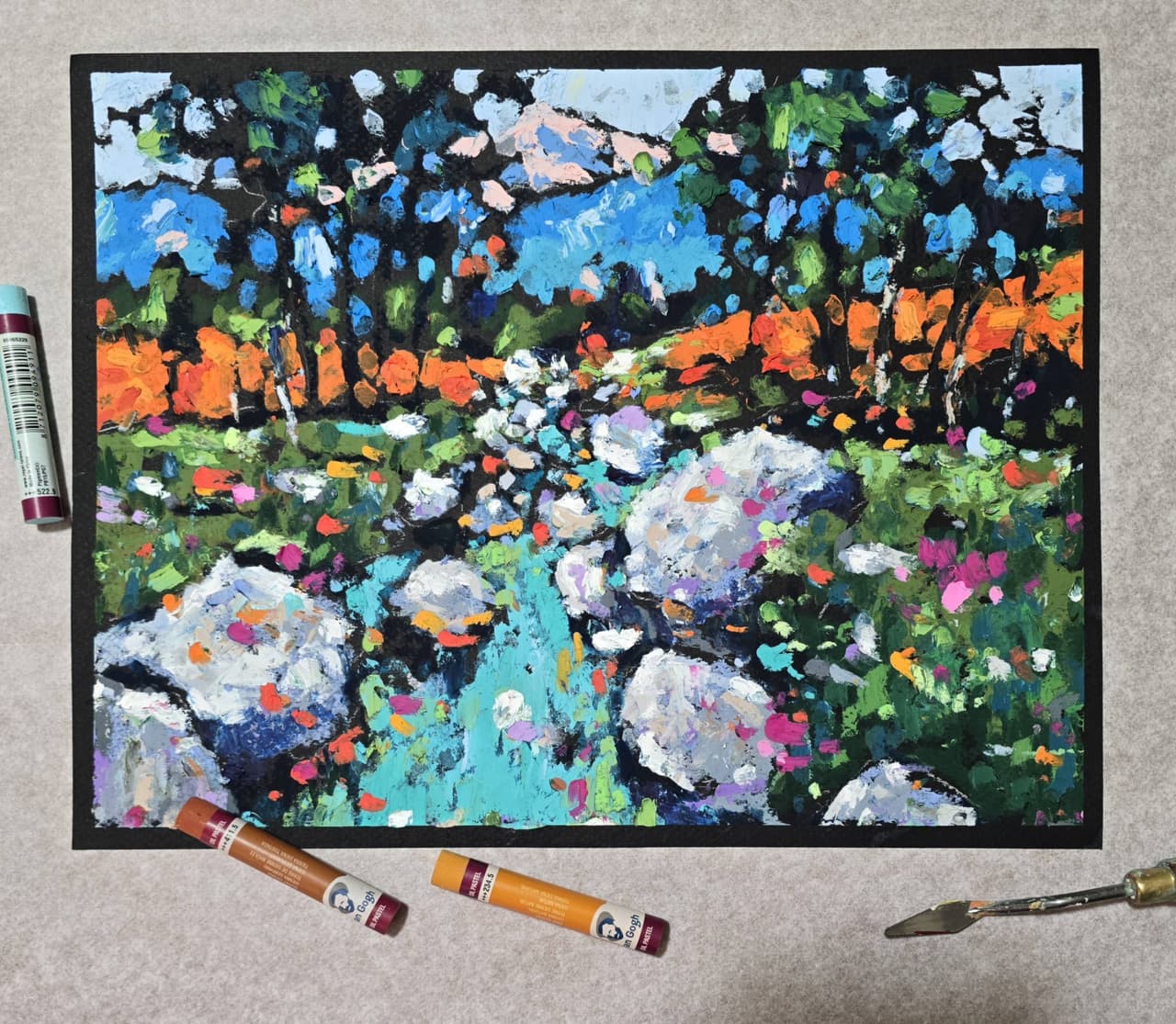 Original Oil Pastel Autumn Landscape Painting - Mountains Wall Art — image 2