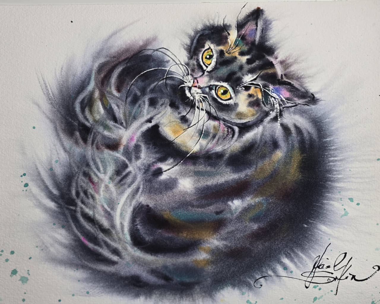Fluffy Black Cat Watercolor Painting, Original Pet Portrait Wall Art with Yellow Eyes — image 1