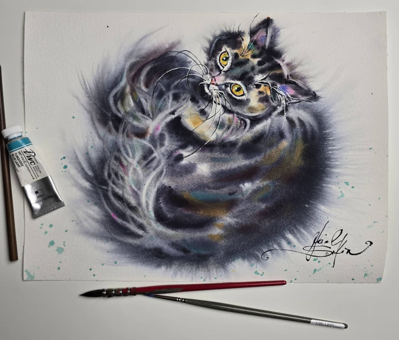 Fluffy Black Cat Watercolor Painting, Original Pet Portrait Wall Art with Yellow Eyes — image 2