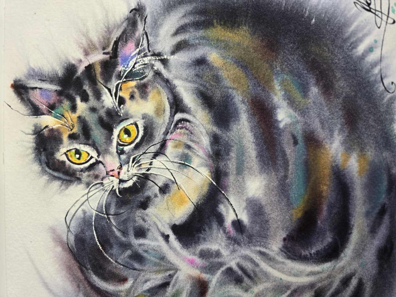 Fluffy Black Cat Watercolor Painting, Original Pet Portrait Wall Art with Yellow Eyes — image 3