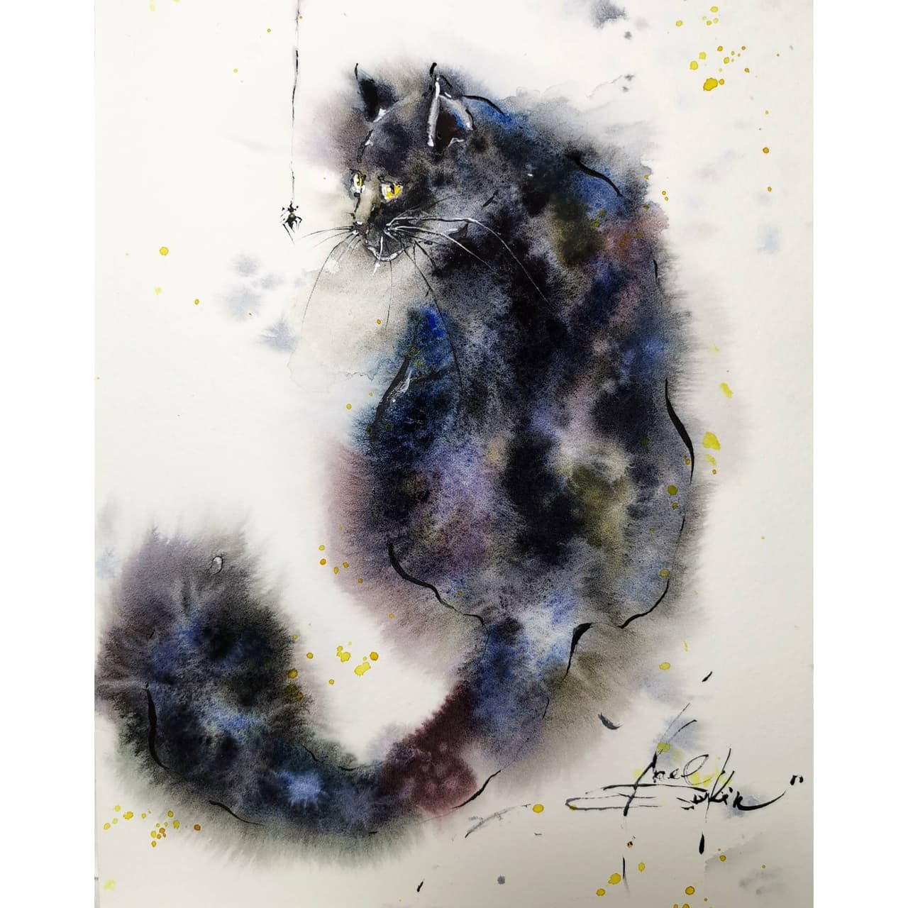 Fluffy black cat artwork Original watercolor painting — image 1