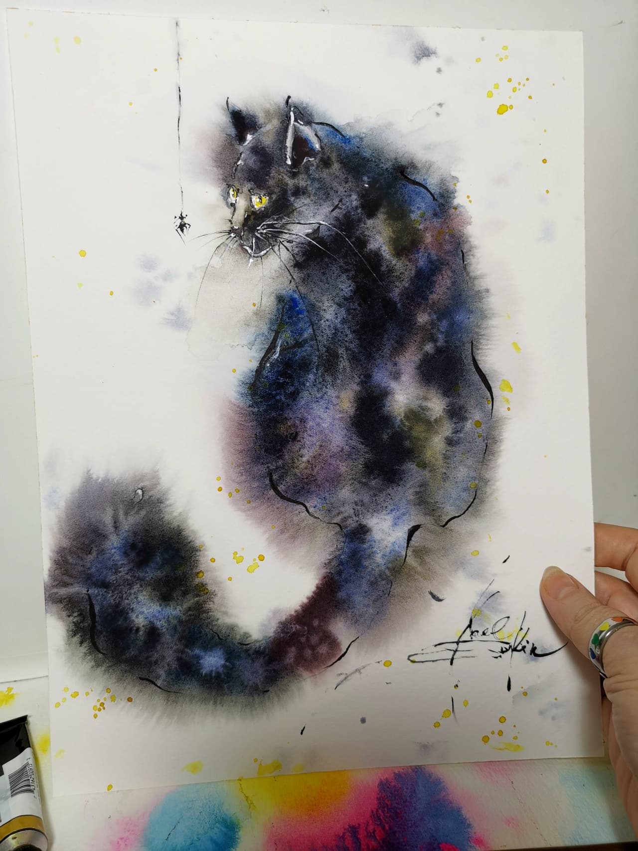 Fluffy black cat artwork Original watercolor painting — image 3