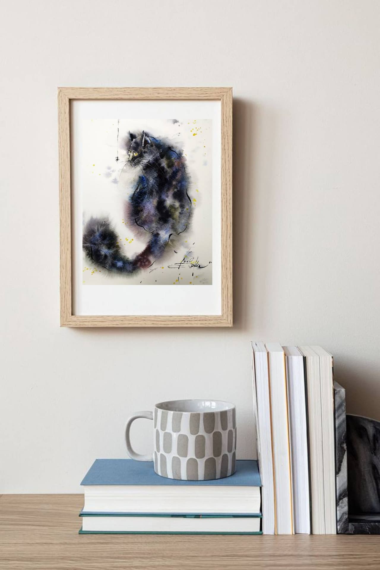 Fluffy black cat artwork Original watercolor painting — image 2