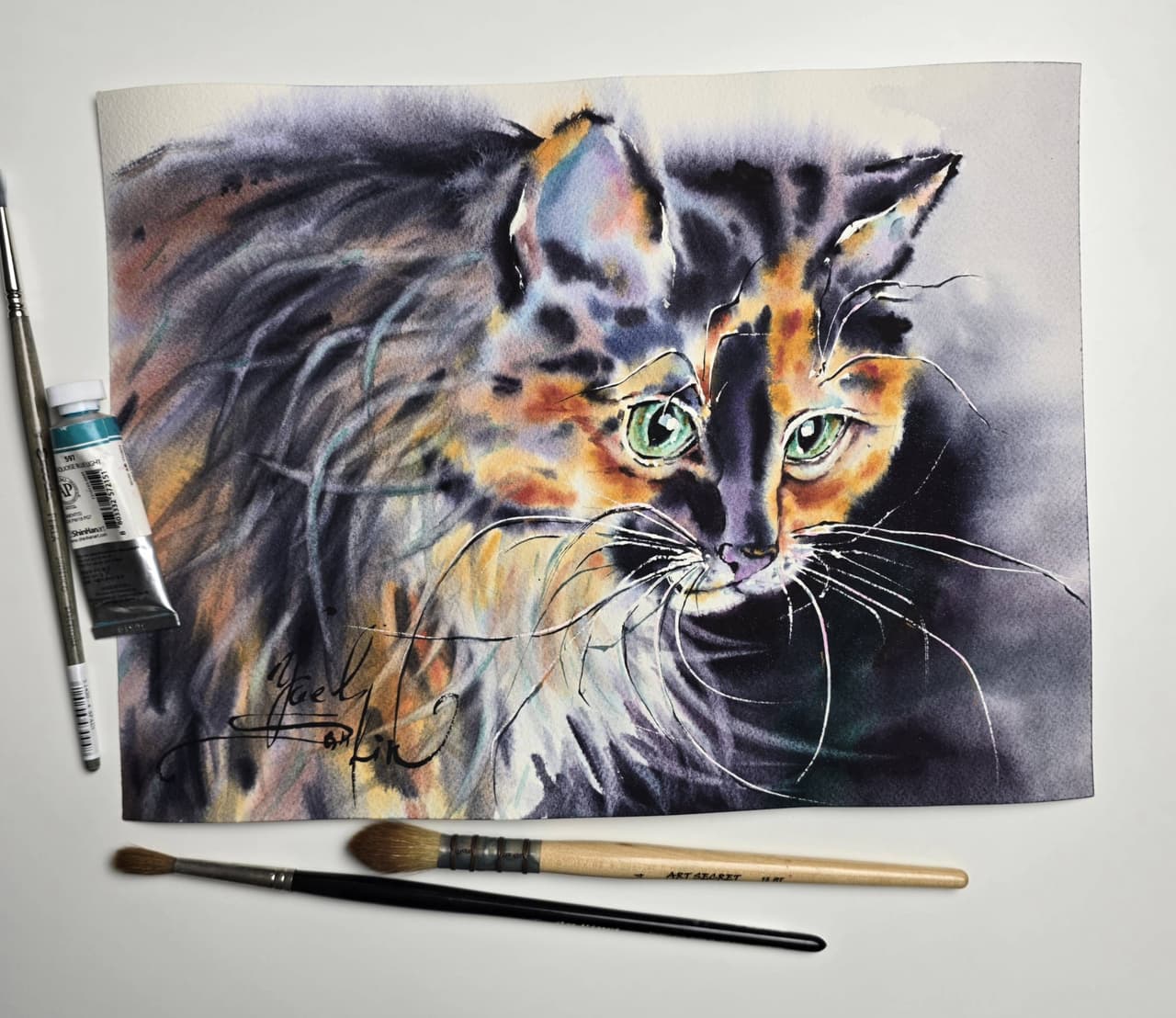 Black and Orange Cat Watercolor Painting, Original Fluffy Cat Wall Art with Green Eyes — image 2