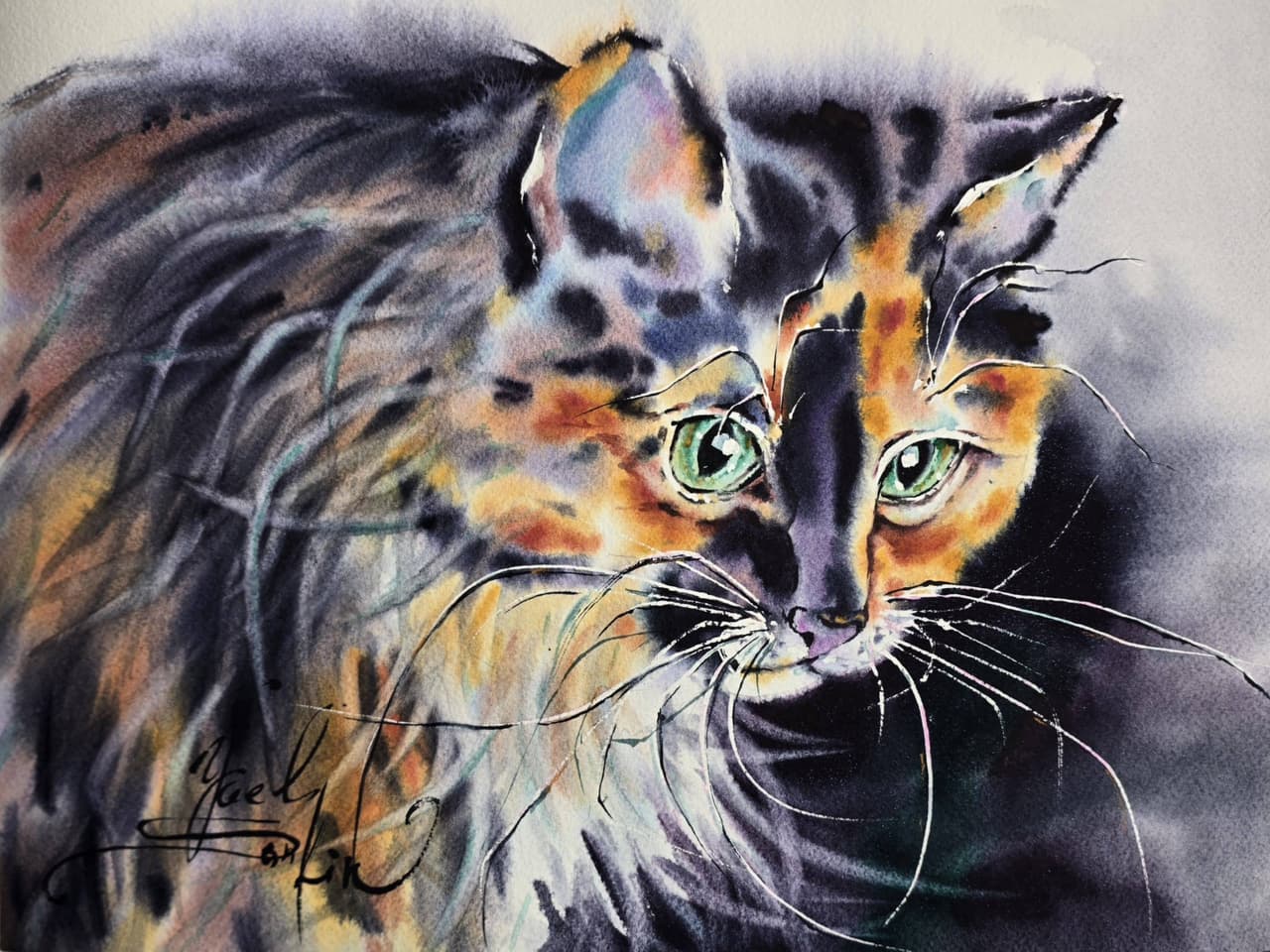 Black and Orange Cat Watercolor Painting, Original Fluffy Cat Wall Art with Green Eyes — image 1
