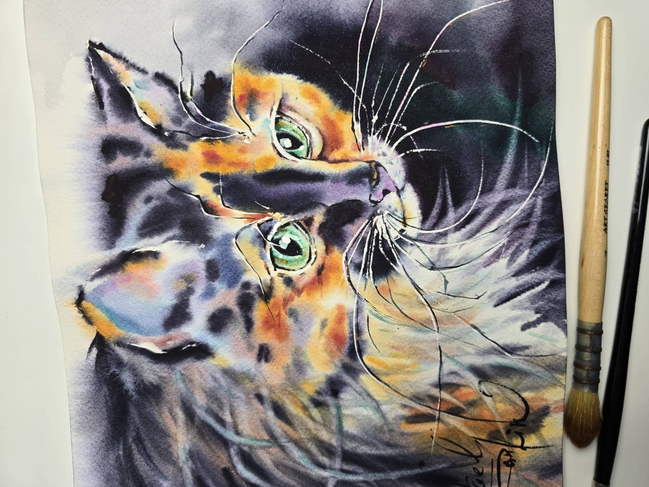 Black and Orange Cat Watercolor Painting, Original Fluffy Cat Wall Art with Green Eyes — image 3