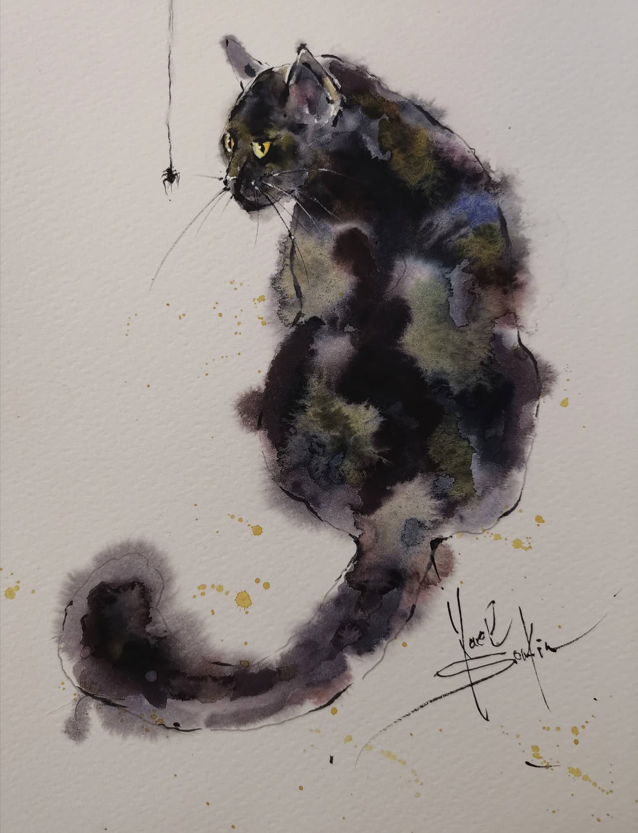 Cat Painting Original Watercolor Black Cat Artwork  — image 1