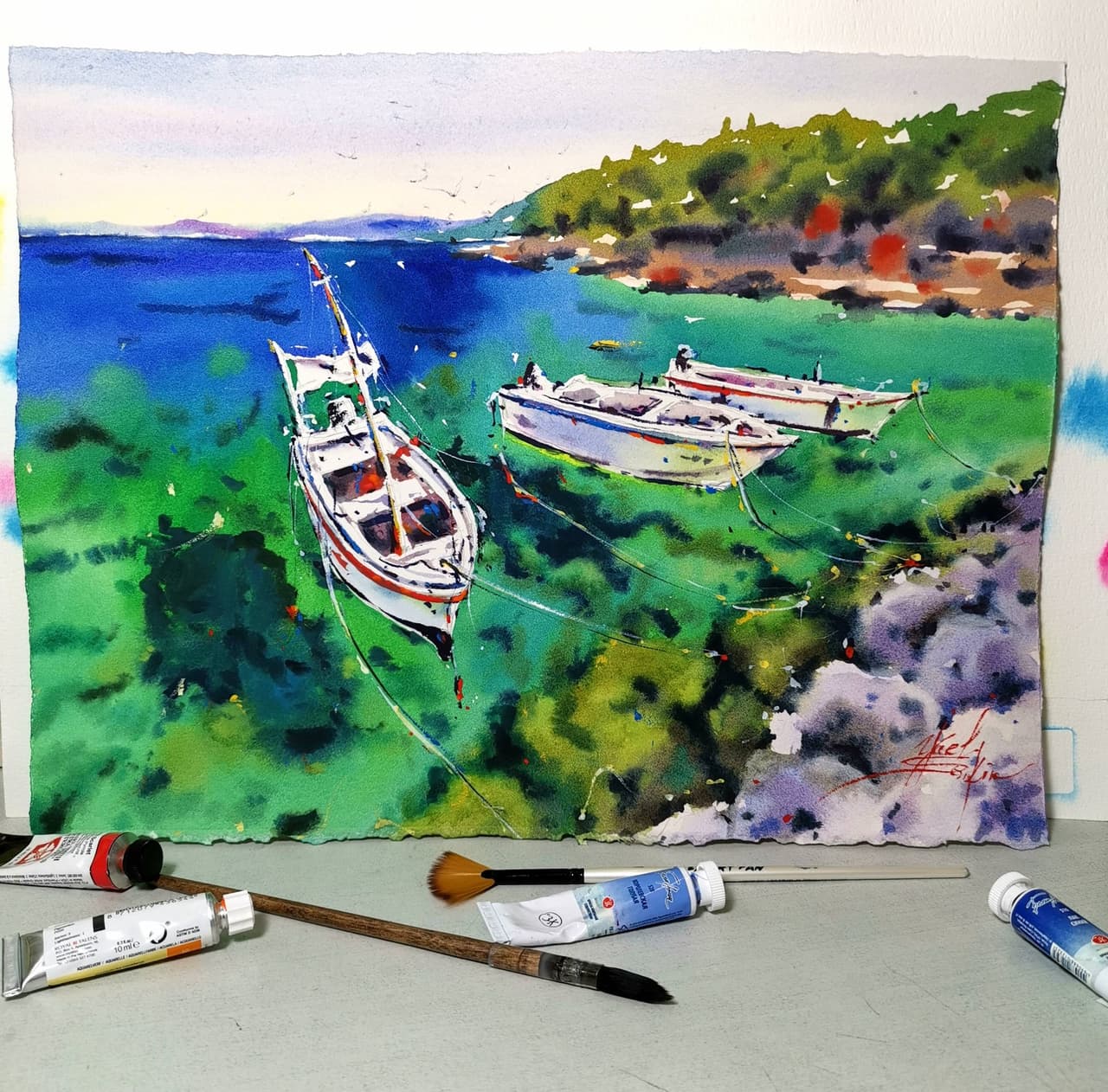 Original Watercolor Italy Seascape Painting - Mediterranean Coastal Wall Art — image 1