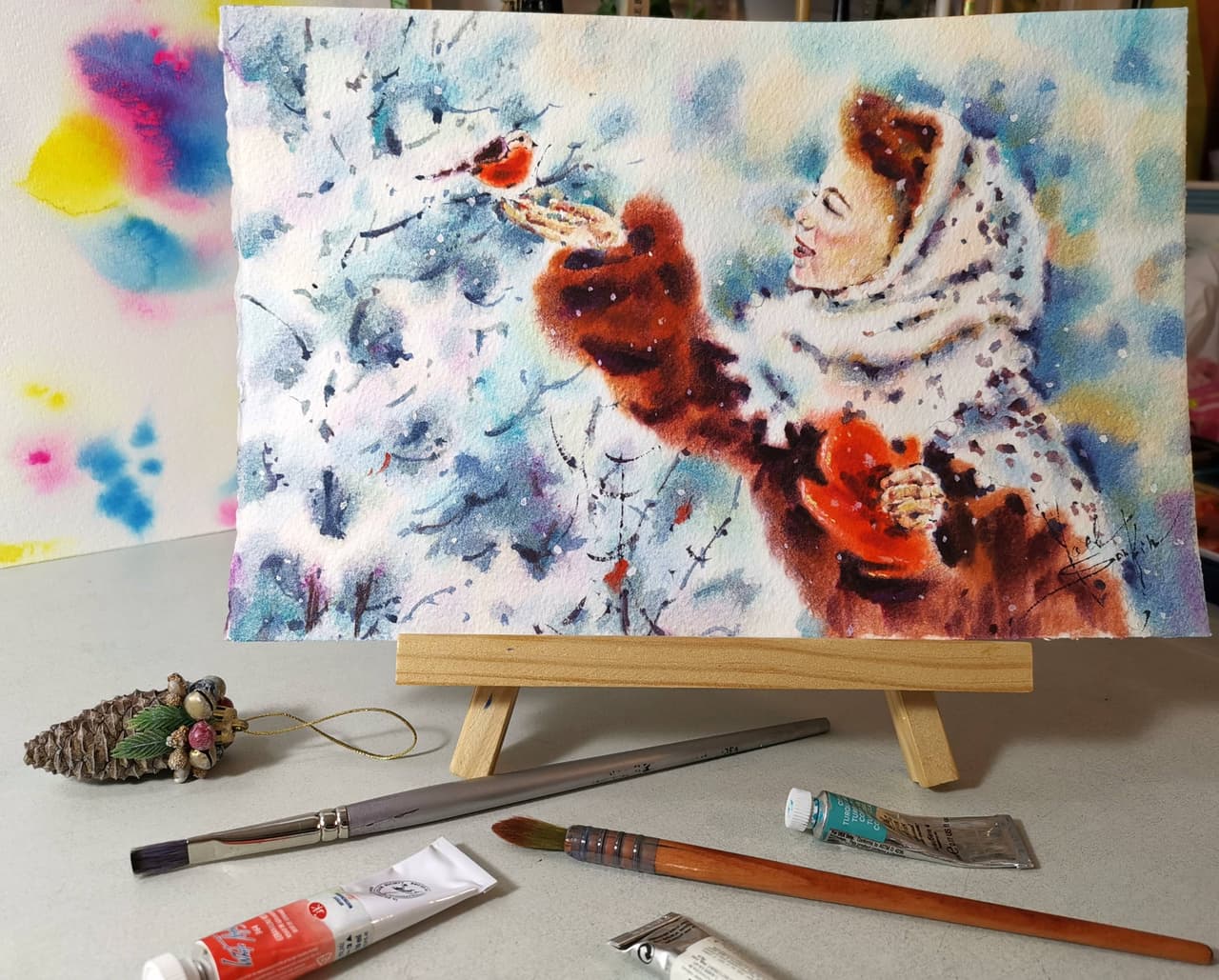 Winter Landscape Artwork Original Watercolor Painting — image 2