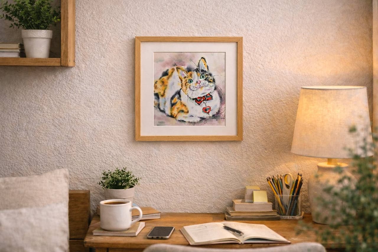 Cat Watercolor Painting, Original Calico Cat Portrait Wall Art with Red Bow — image 4