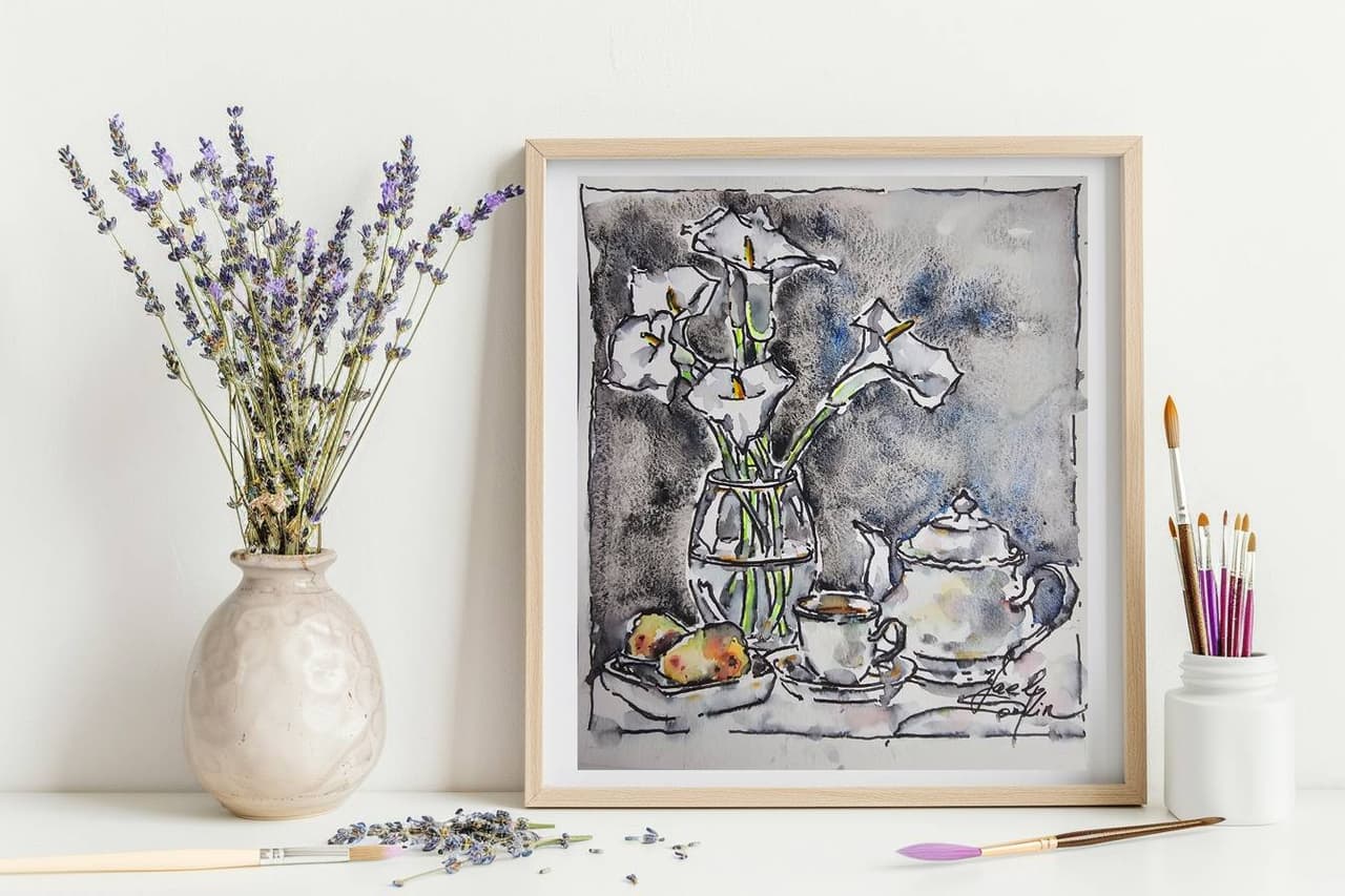 Calla Lilies and Tea Set - Original Watercolor Still Life Wall Art — image 3
