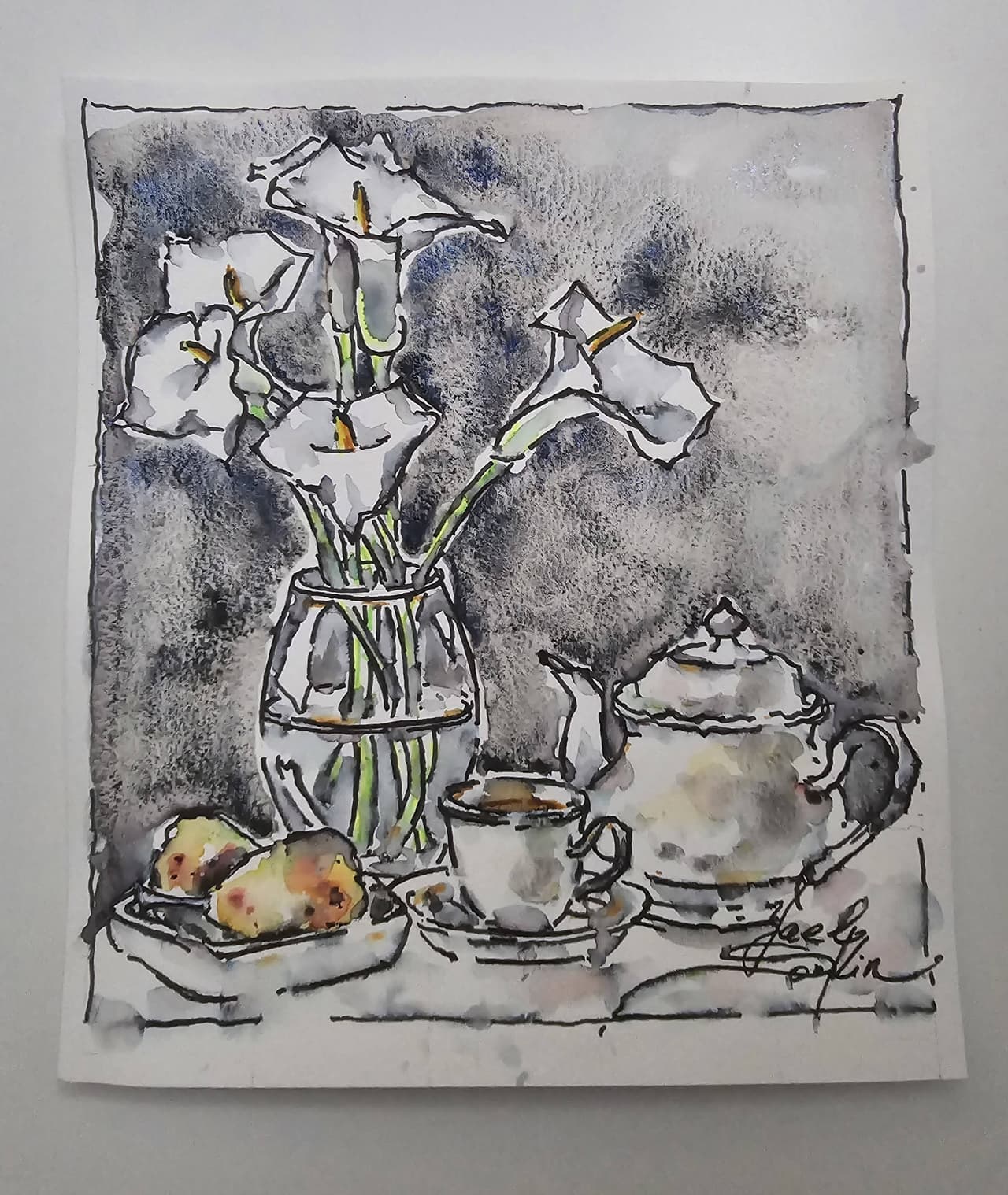 Calla Lilies and Tea Set - Original Watercolor Still Life Wall Art — image 2