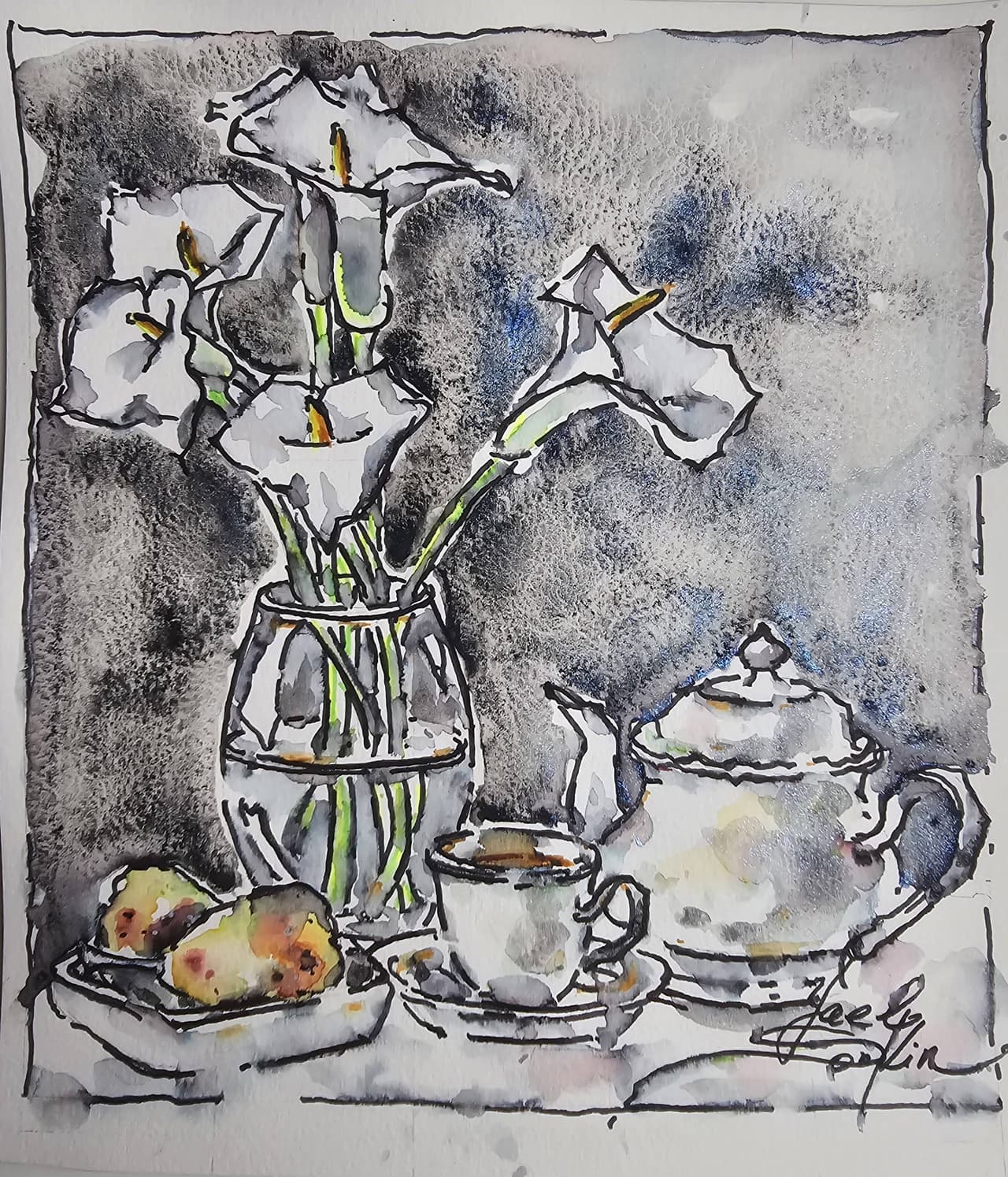Calla Lilies and Tea Set - Original Watercolor Still Life Wall Art — image 1